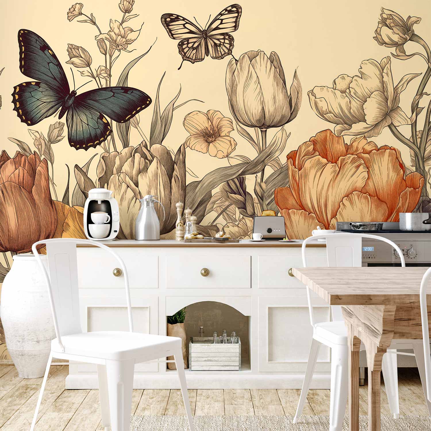 Colourful Tulips Cream Background Wall Mural