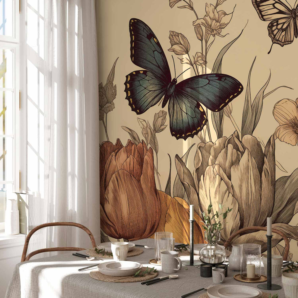 Colourful Tulips Cream Background Wall Mural