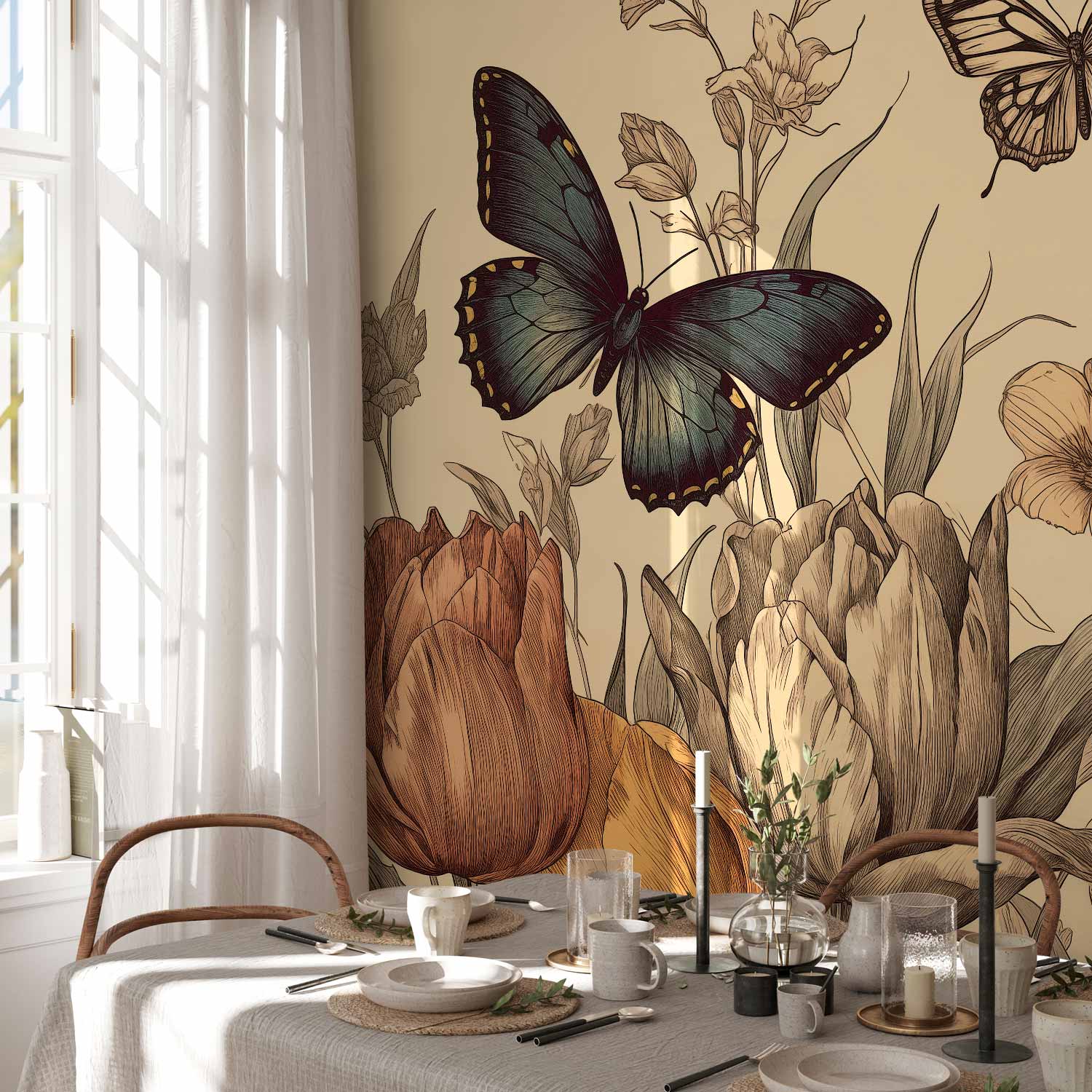 Colourful Tulips Cream Background Wall Mural