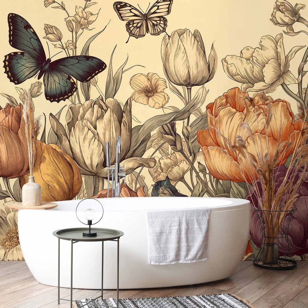 Colourful Tulips Cream Background Wall Mural