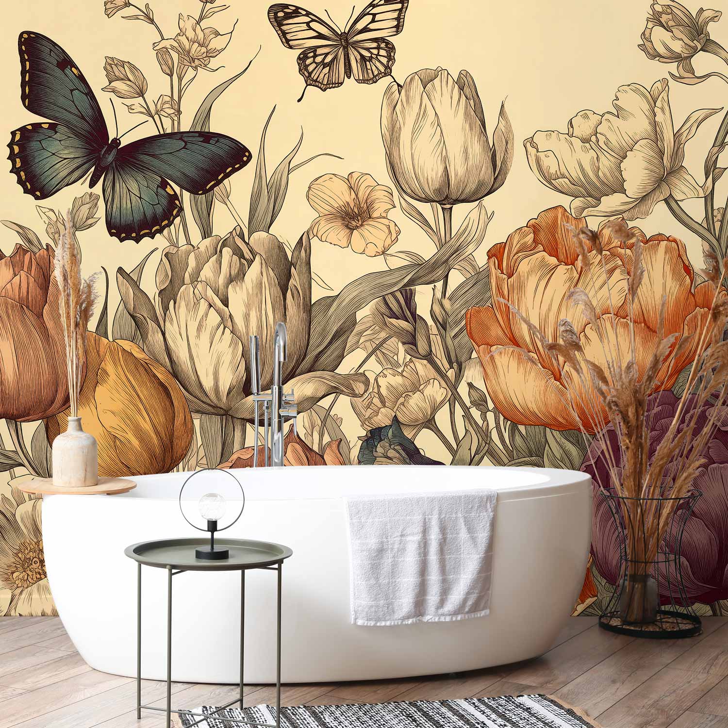 Colourful Tulips Cream Background Wall Mural