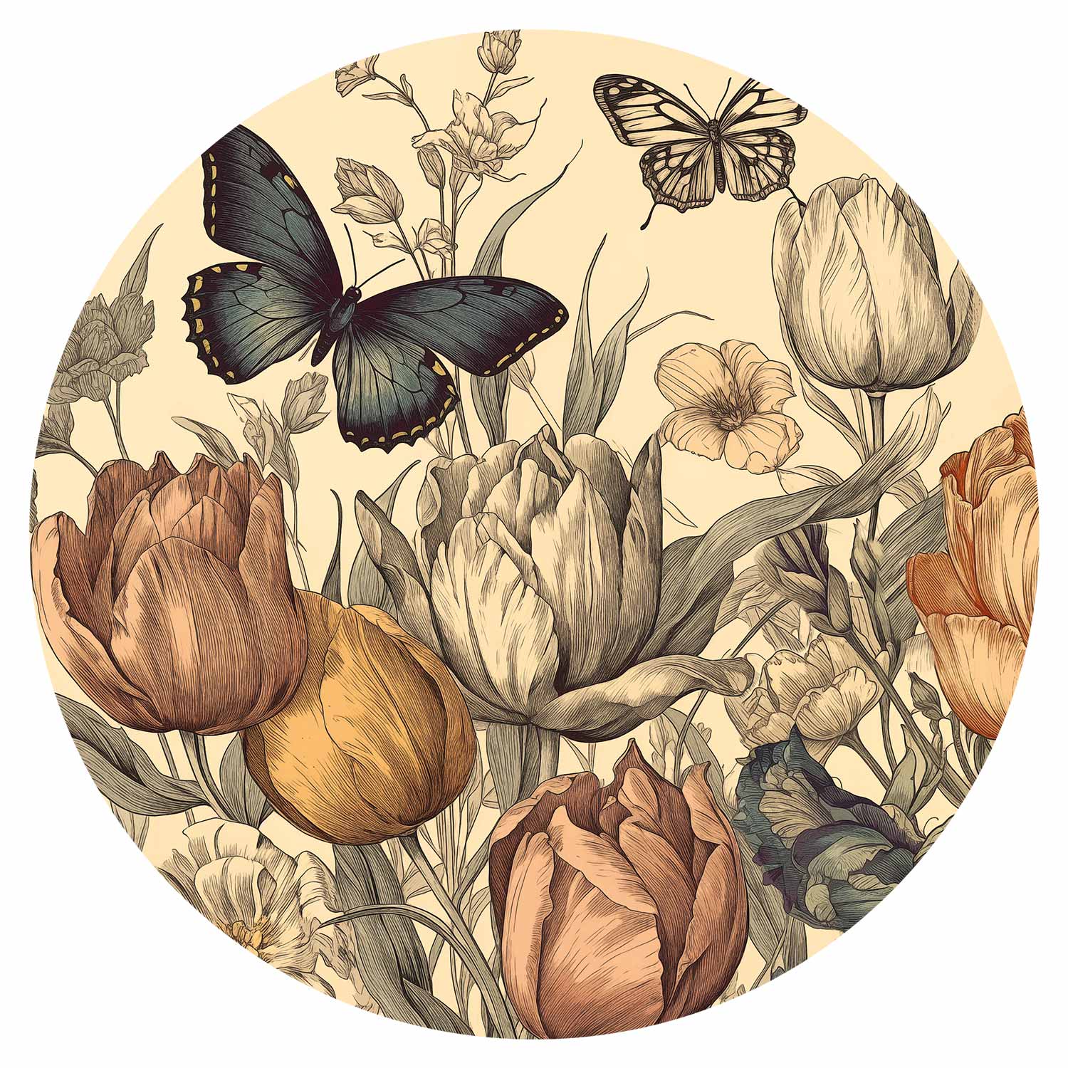 Colourful Tulips Cream Floral Round Wall Mural