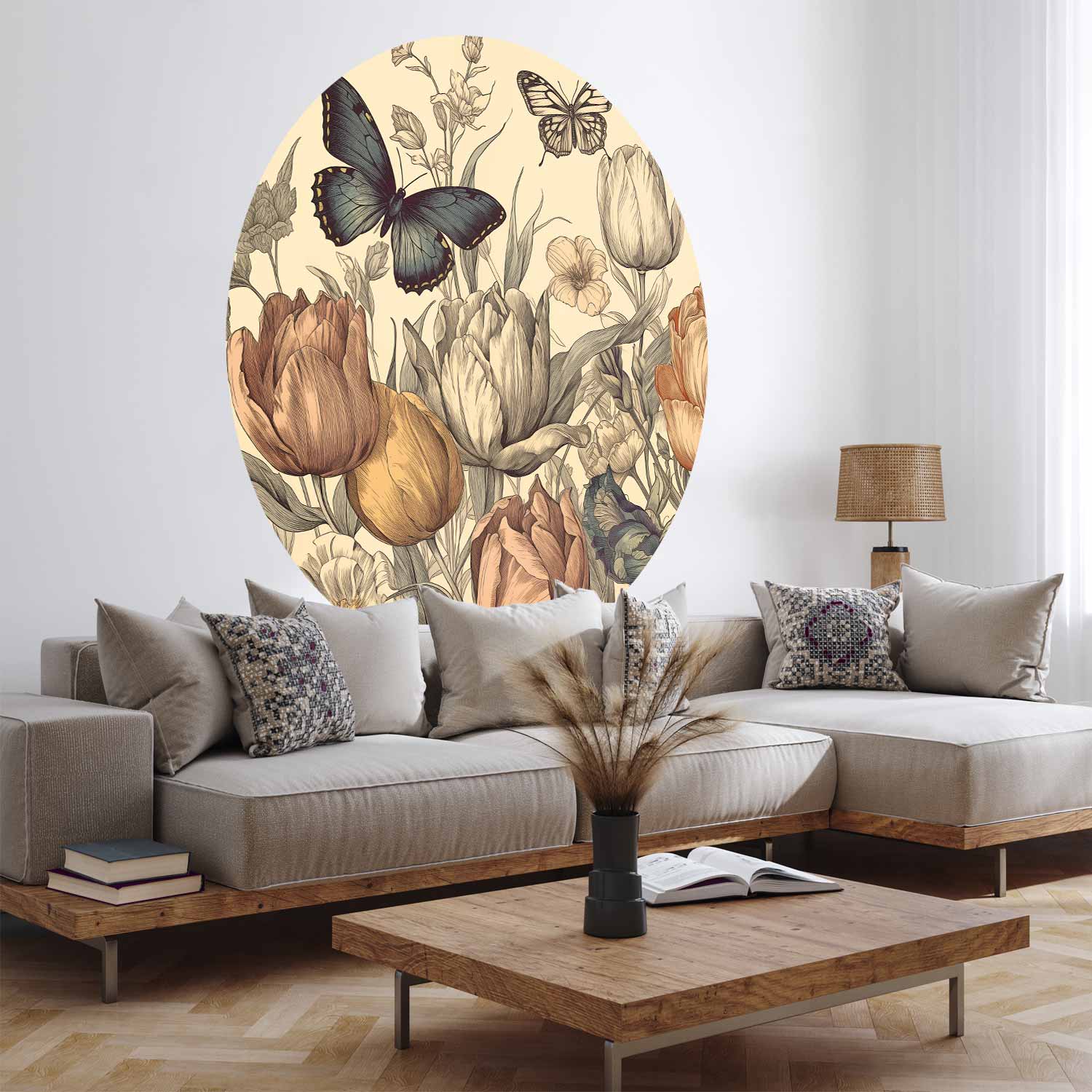 Colourful Tulips Cream Floral Round Wall Mural