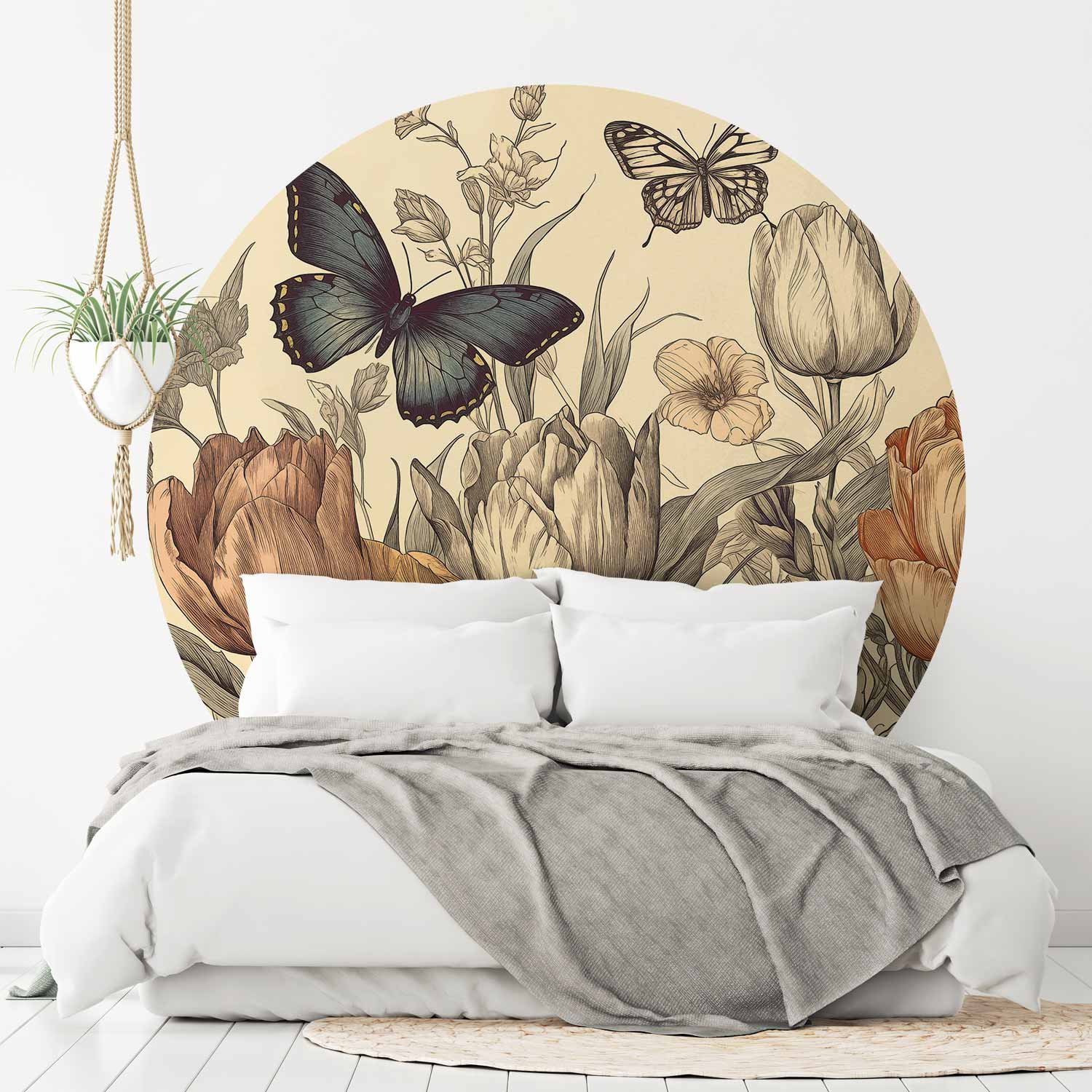 Colourful Tulips Cream Floral Round Wall Mural