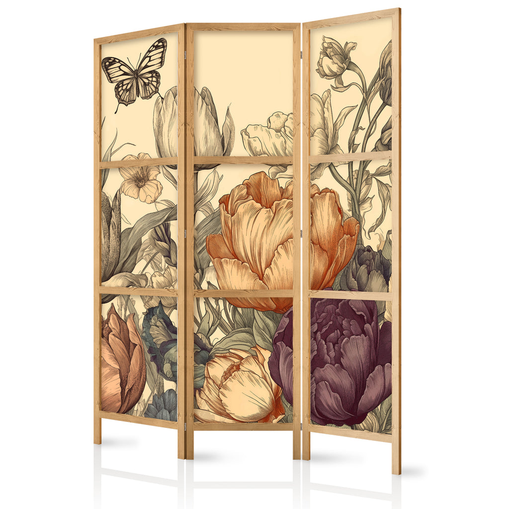 Japanese Room Divider 3-Panel Tulips in Cream - Floral Illustration