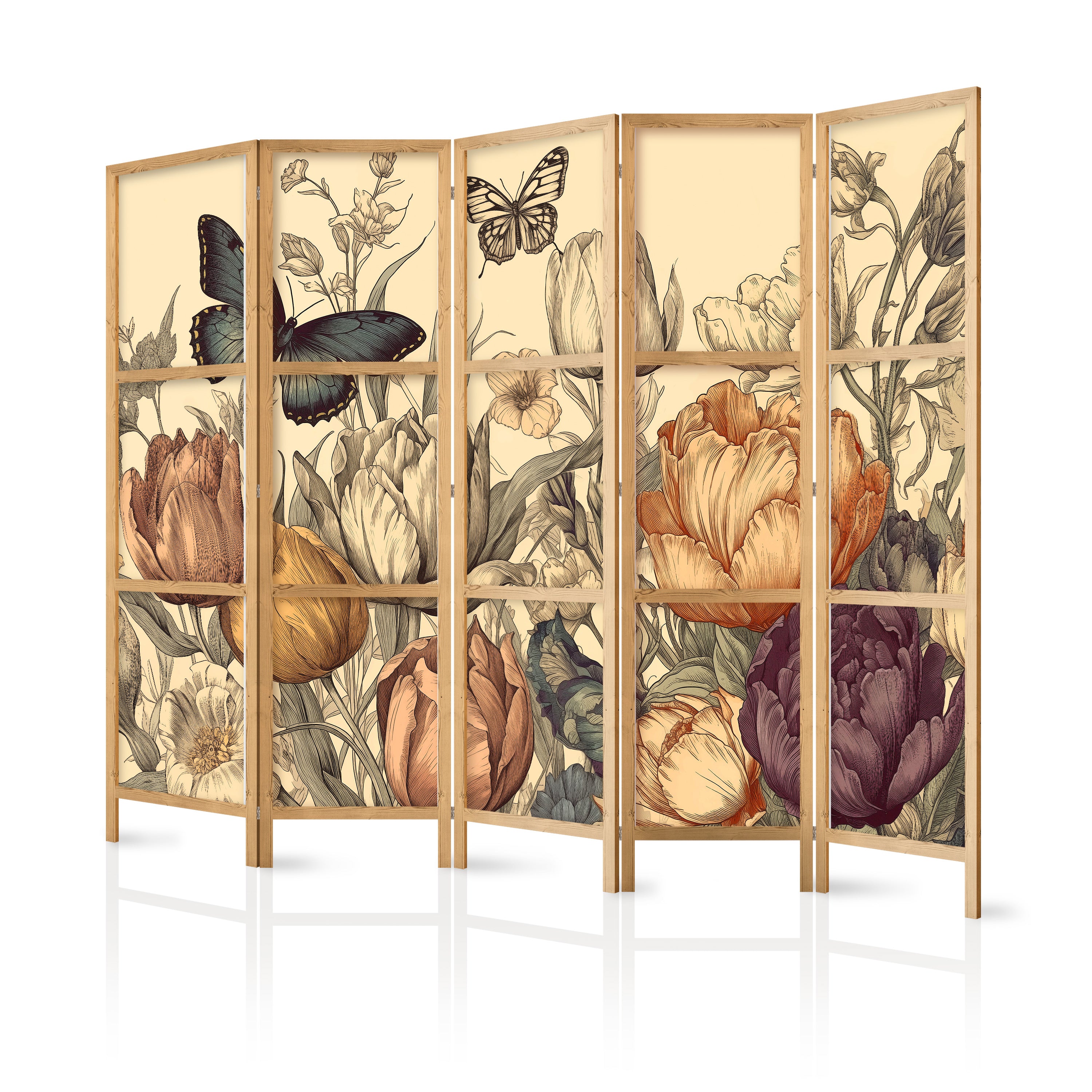Japanese Room Divider Tulips in Cream - Illustration of Flowers and Butterflies on a Light Background