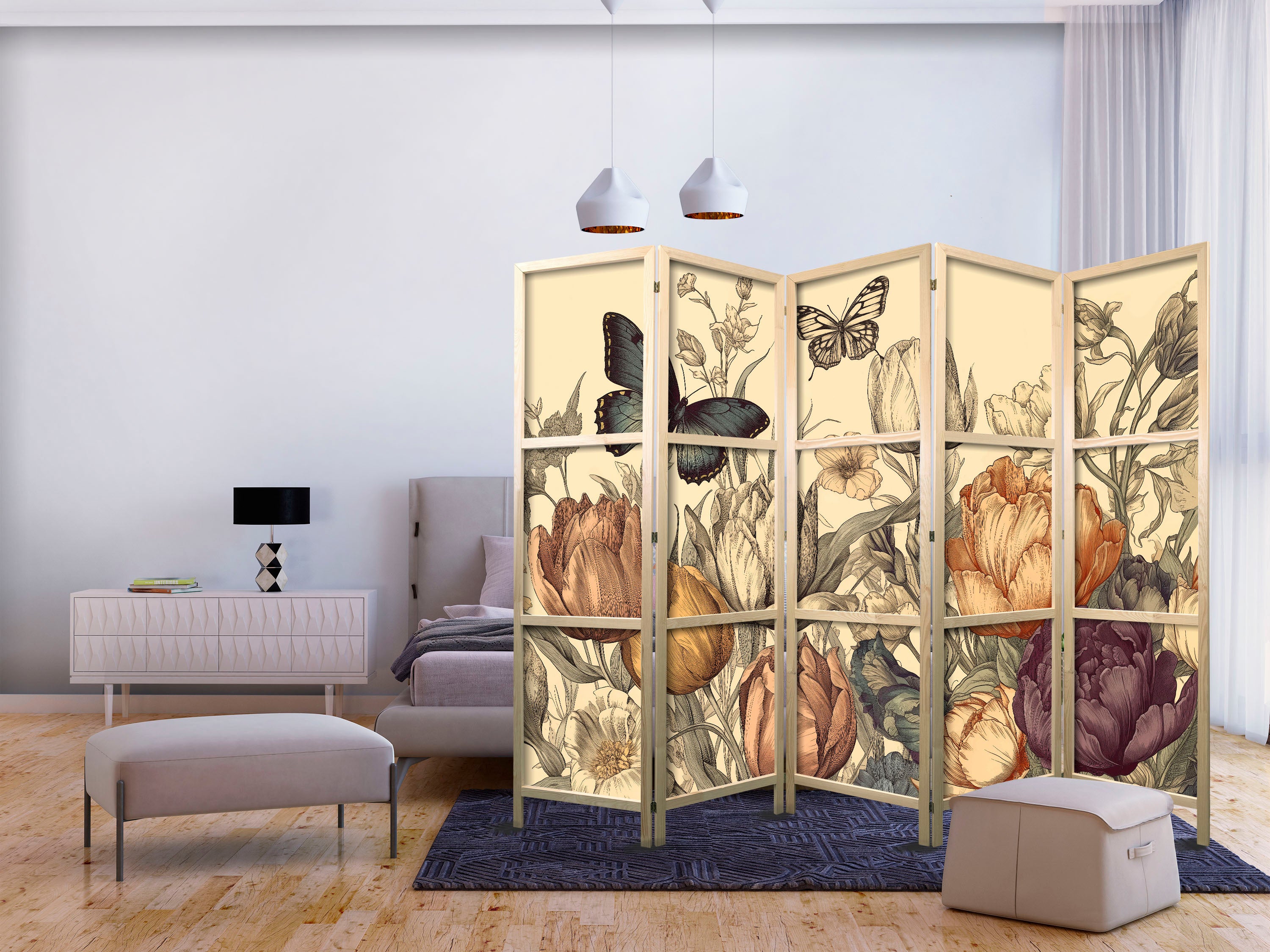 Japanese Room Divider Tulips in Cream - Illustration of Flowers and Butterflies on a Light Background