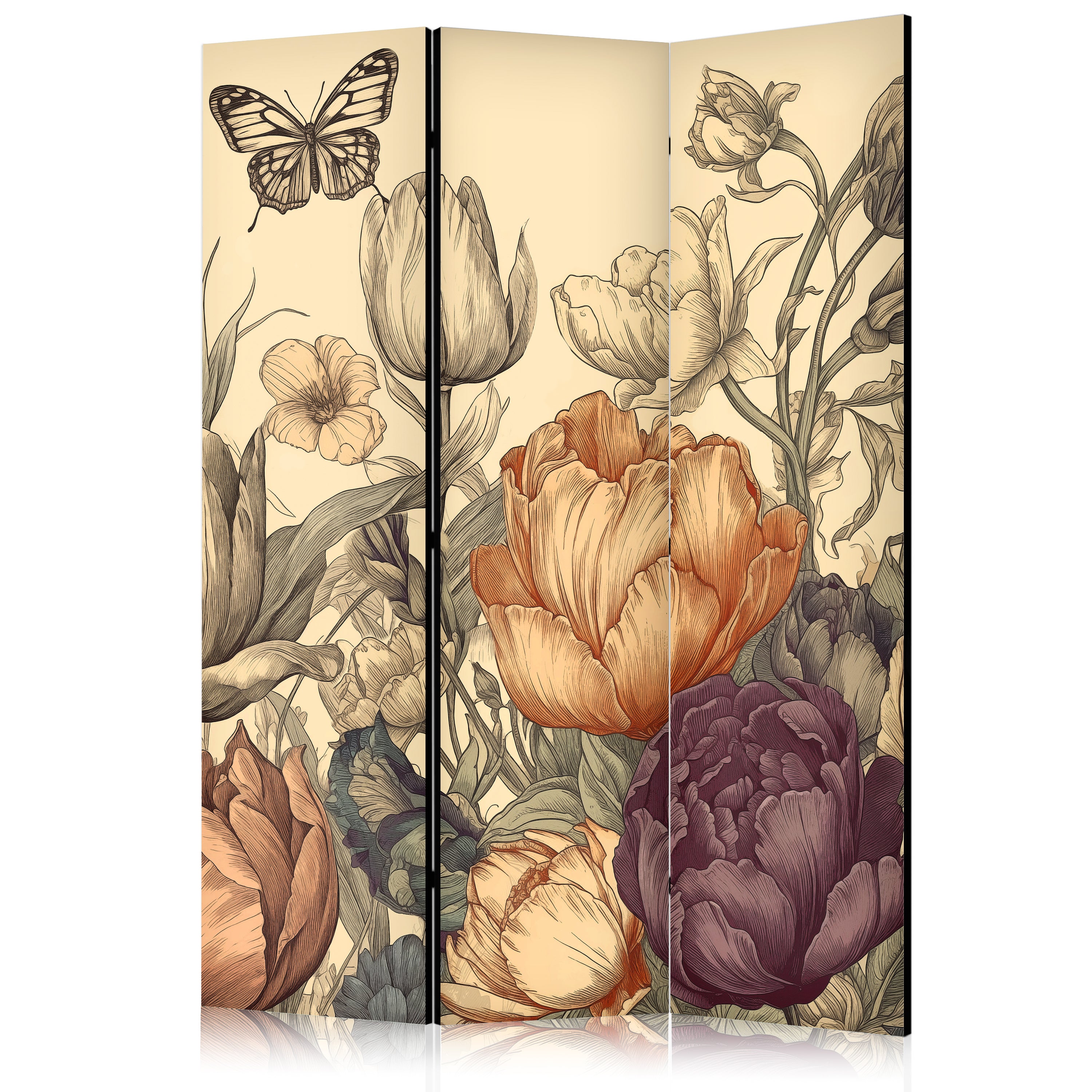 3-Panel Room Divider Tulips in Cream - Floral Illustration
