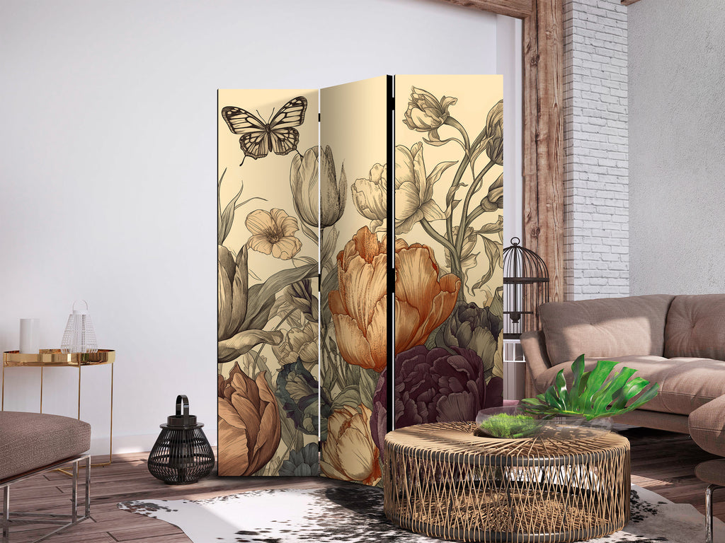 3-Panel Room Divider Tulips in Cream - Floral Illustration