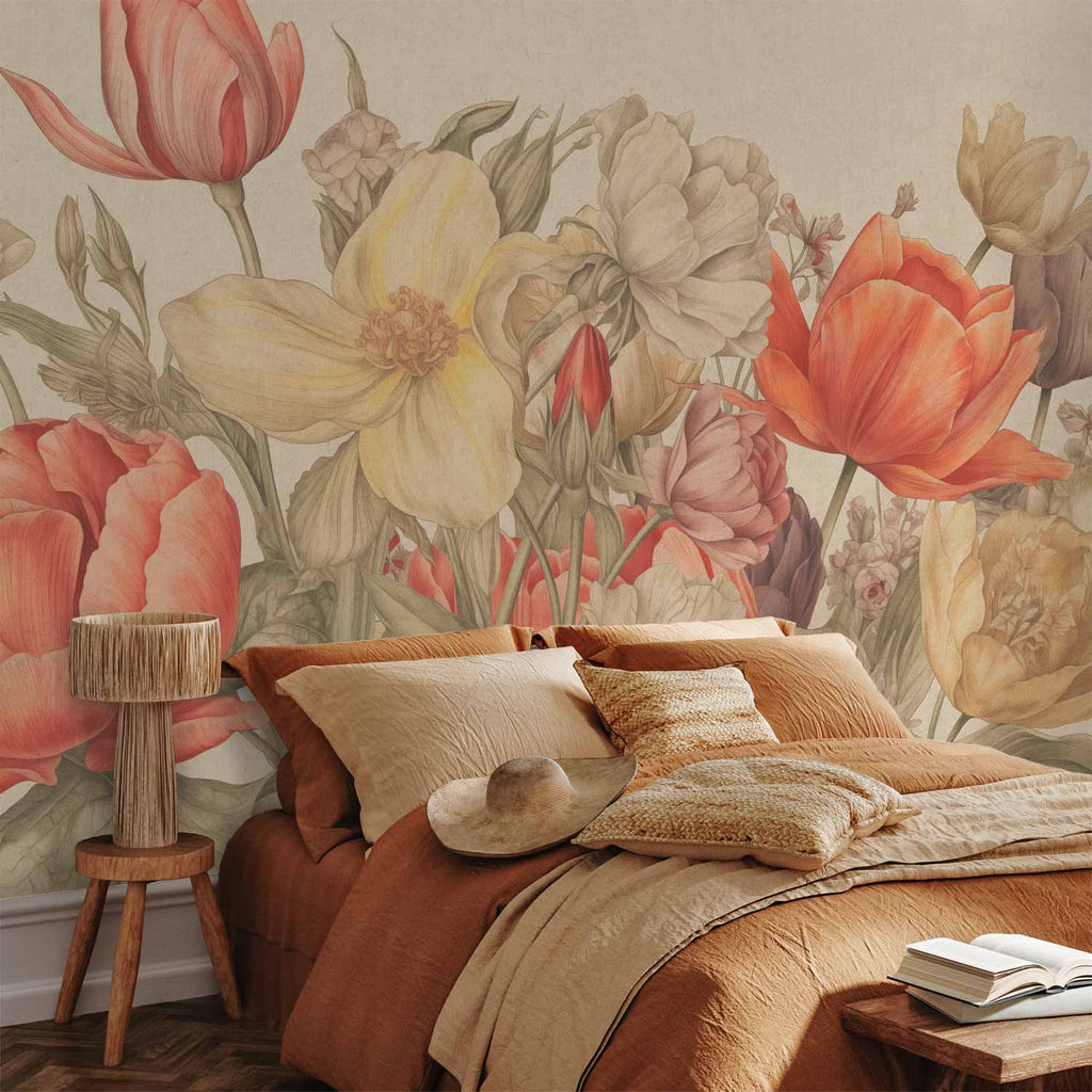 Bouquet Flowers Cream Background Wall Mural