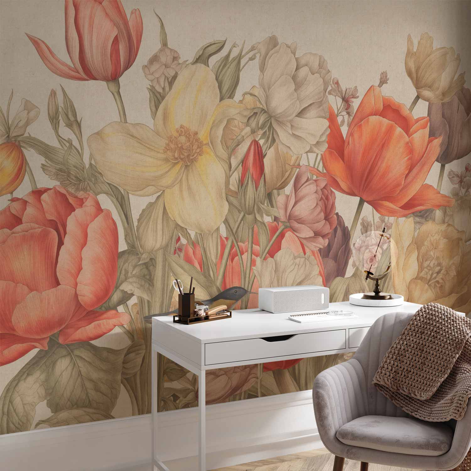 Bouquet Flowers Cream Background Wall Mural