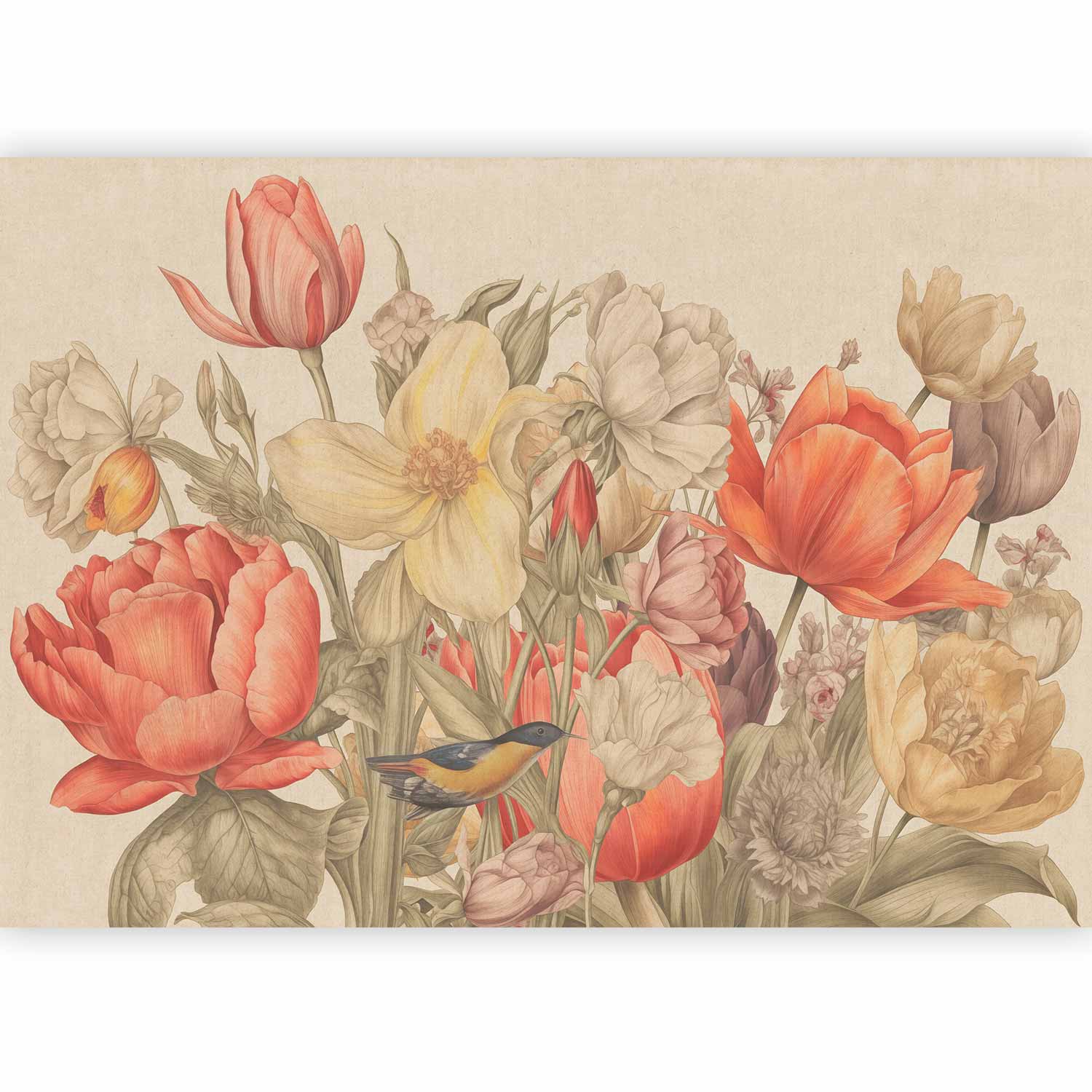 Bouquet Flowers Cream Background Wall Mural