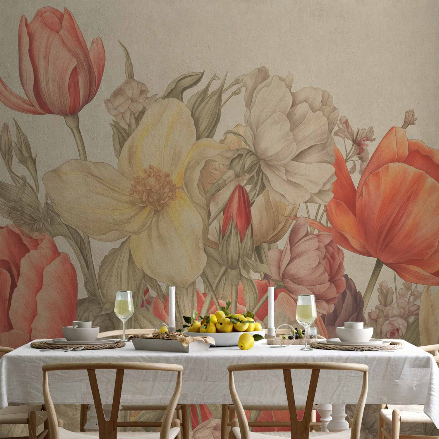 Bouquet Flowers Cream Background Wall Mural