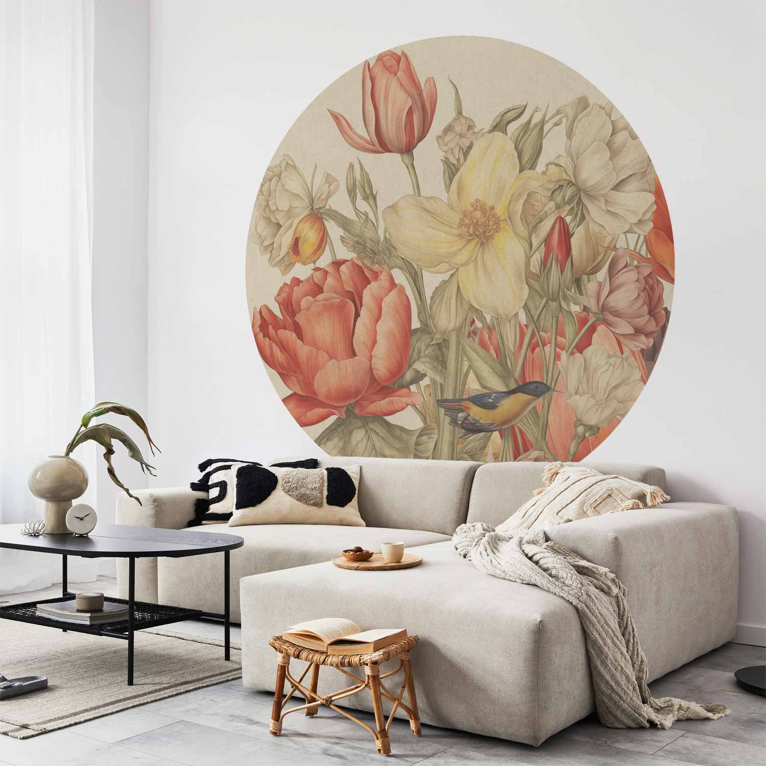 Bouquet Flowers Cream Round Wall Murals
