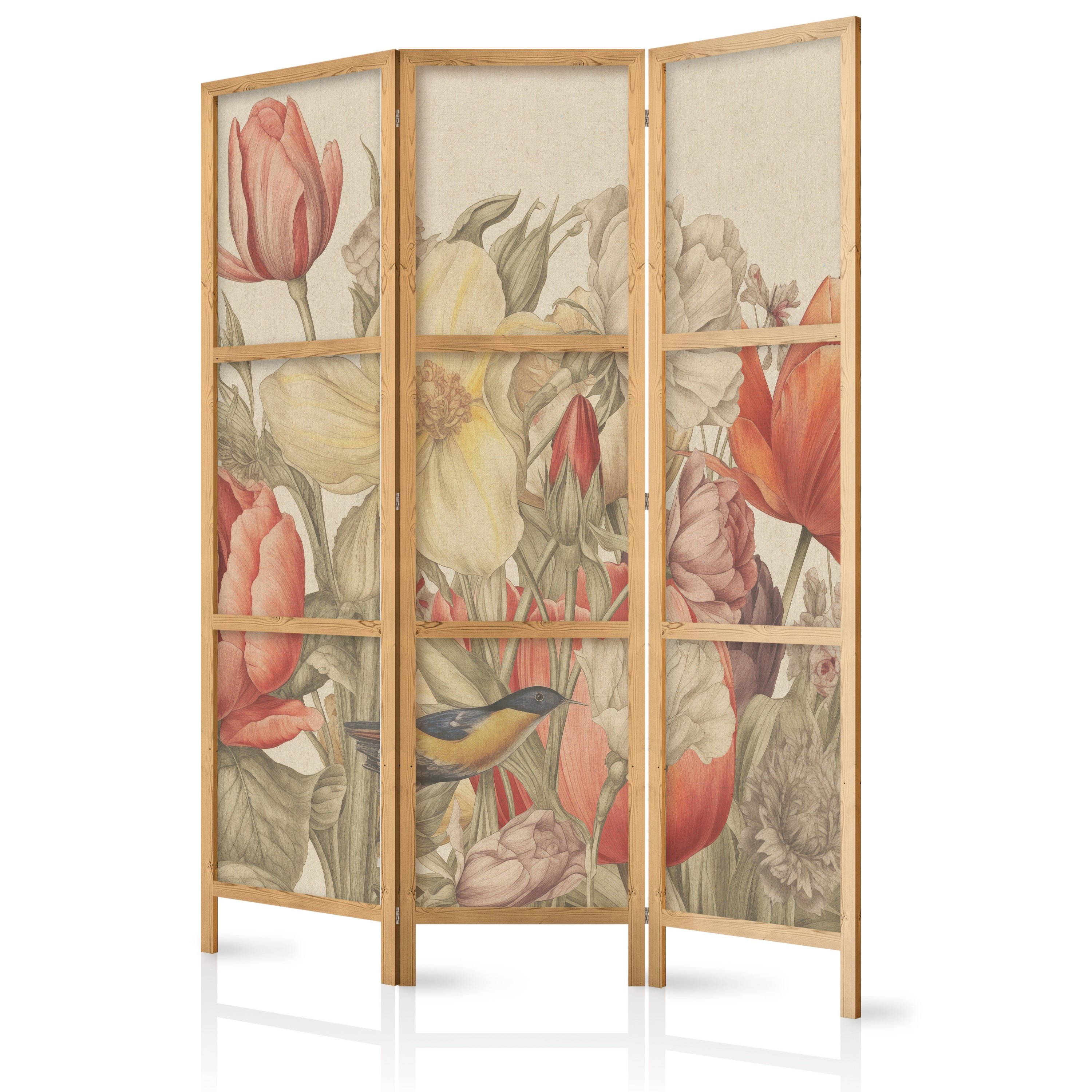 Japanese Tulip Room Divider - Floral 3-Panel Screen