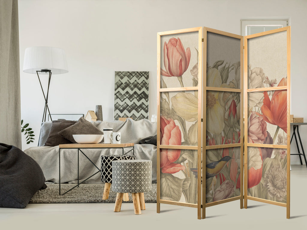 Japanese Tulip Room Divider - Floral 3-Panel Screen