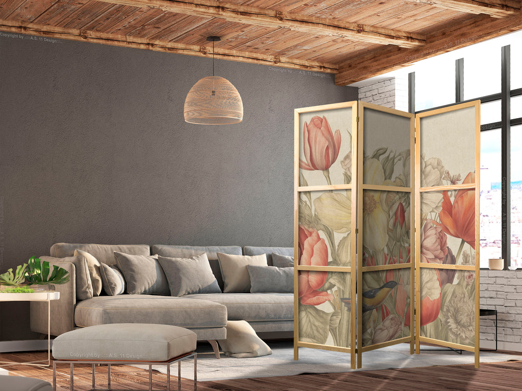 Japanese Tulip Room Divider - Floral 3-Panel Screen