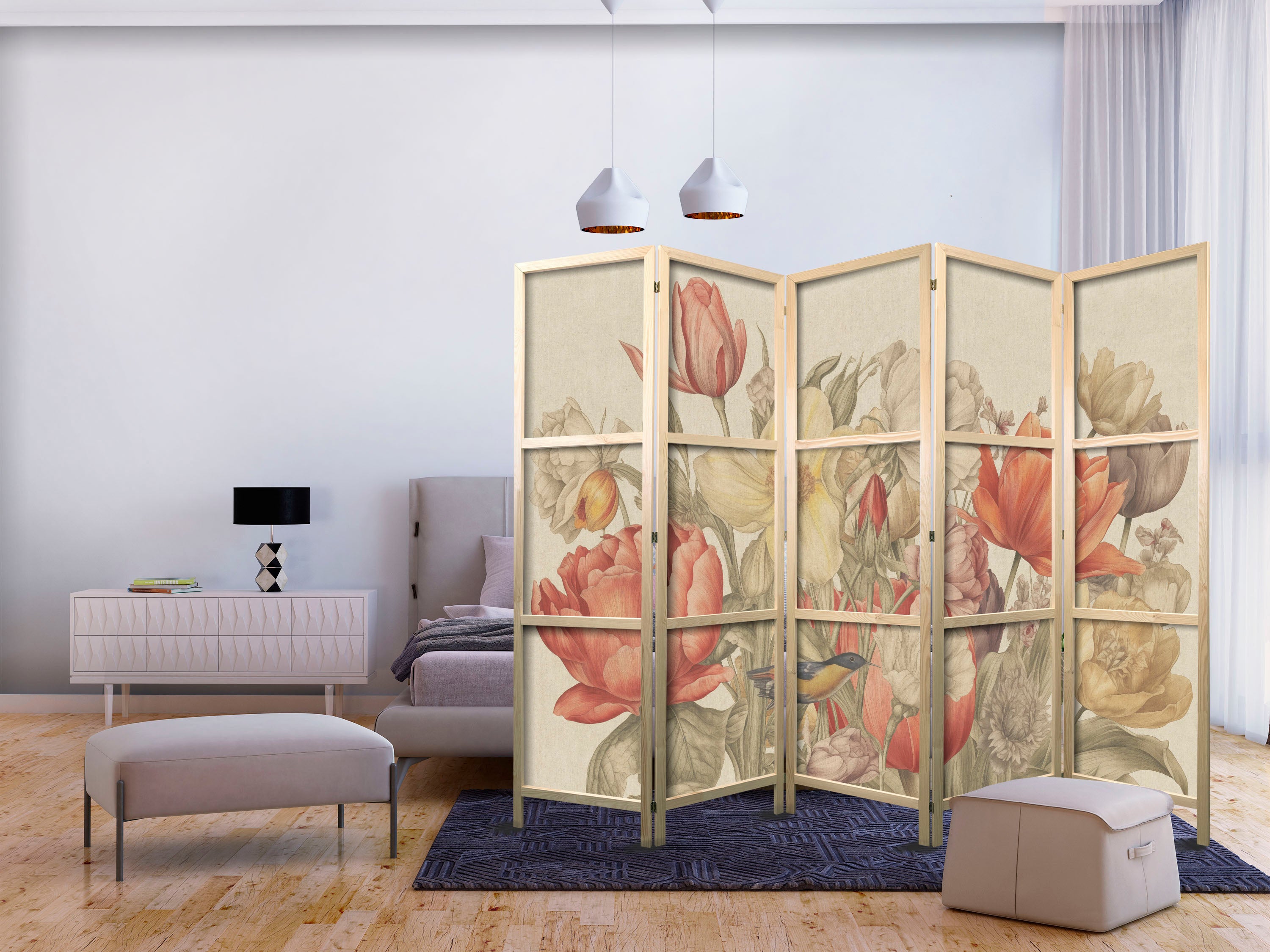 Japanese Room Divider - Bouquet Tulips - 5-Panel Floral Screen Tulips