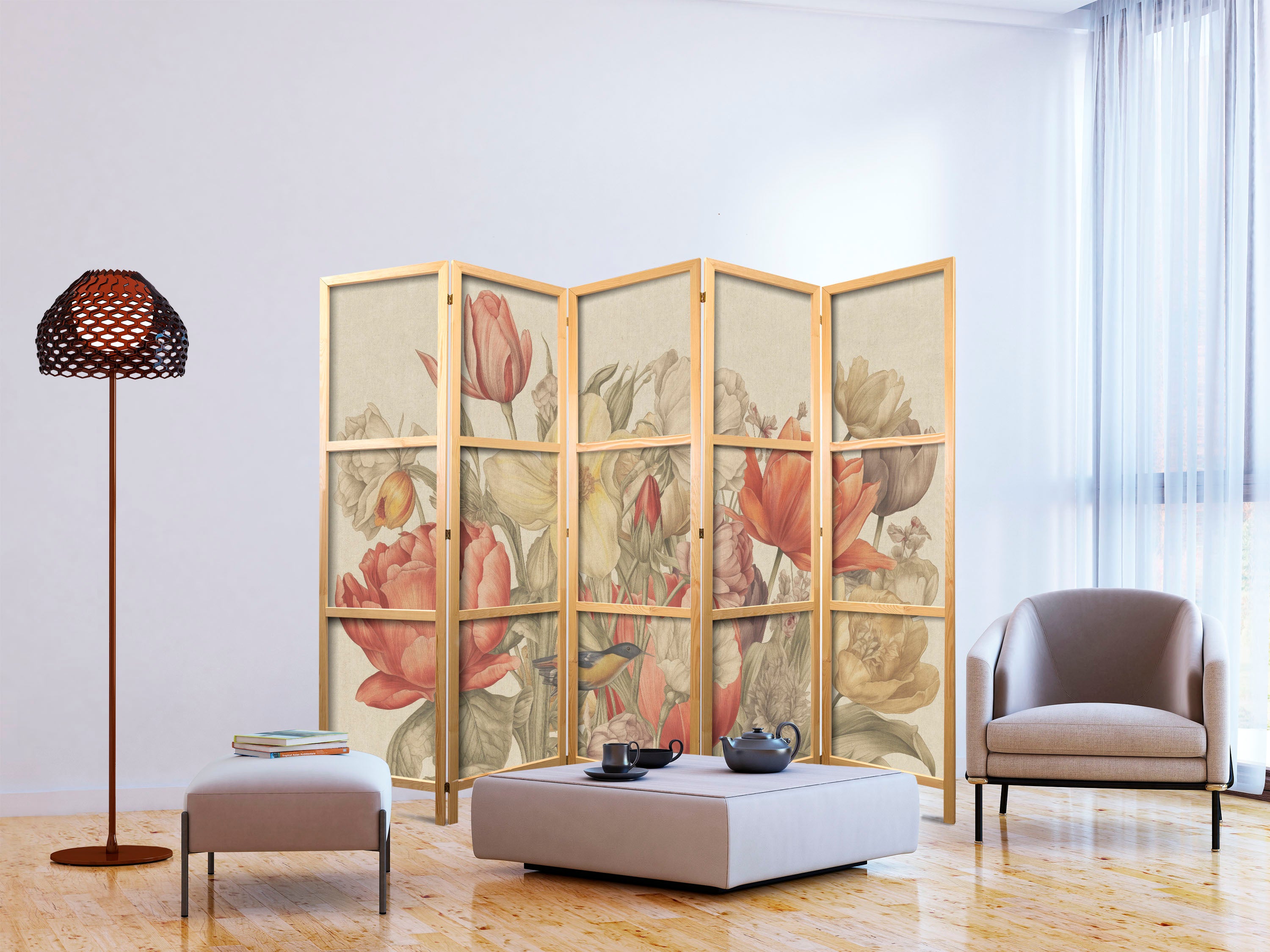 Japanese Room Divider - Bouquet Tulips - 5-Panel Floral Screen Tulips