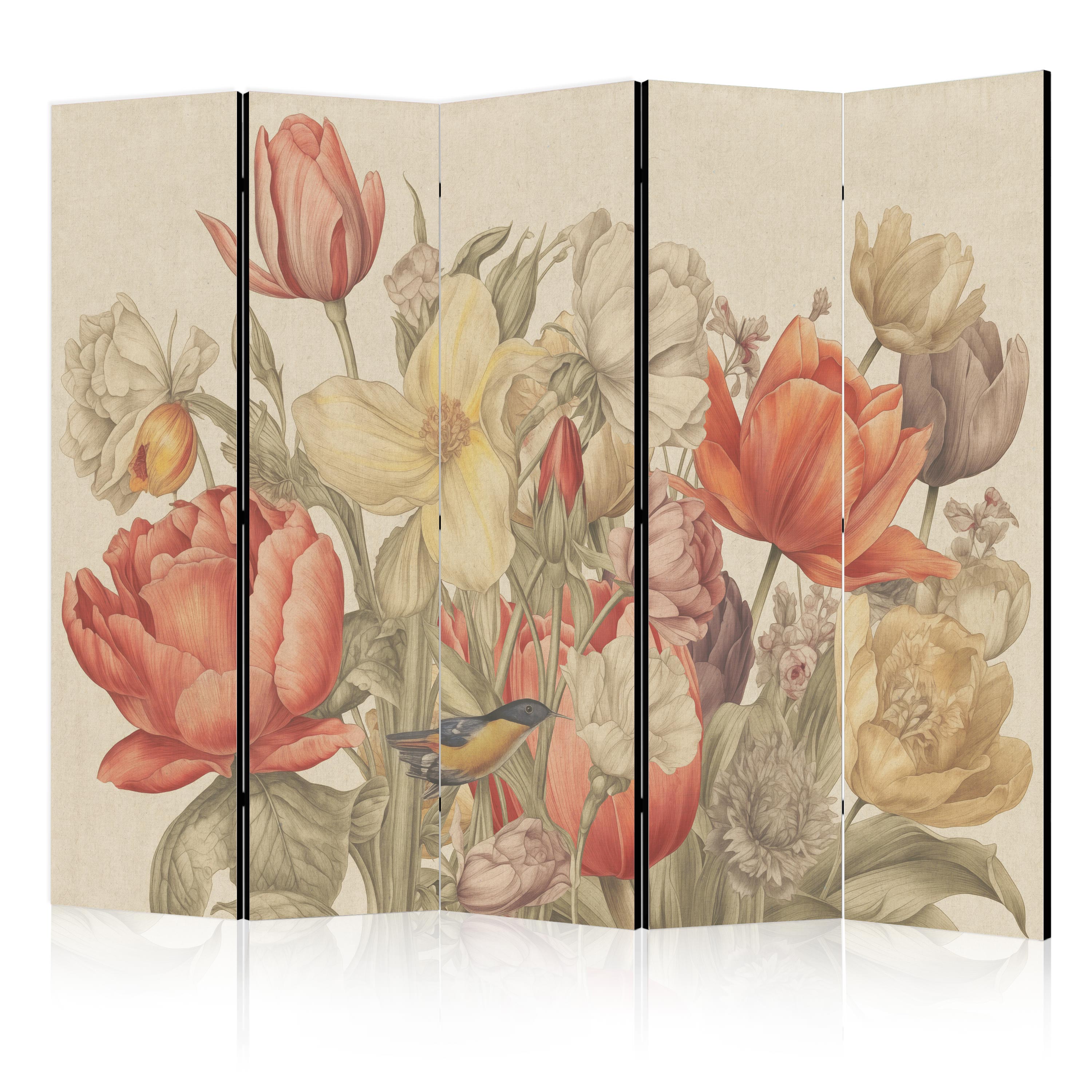 Room Divider - Bouquet with Tulips, Multicoloured on Light Background