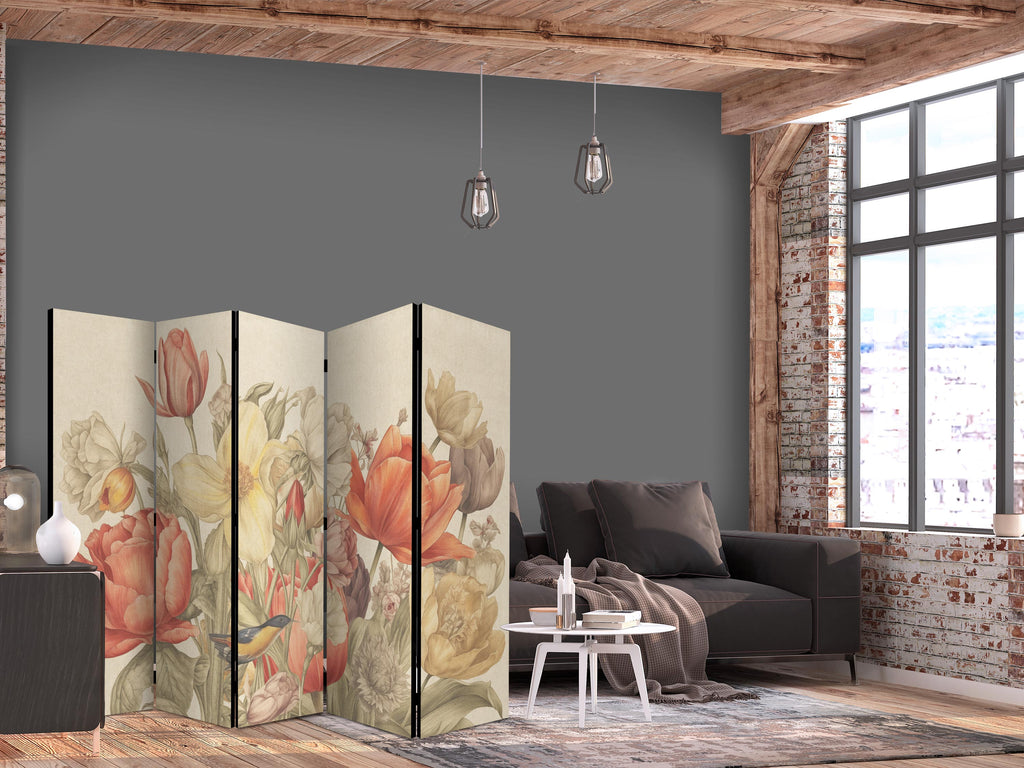 Room Divider - Bouquet with Tulips, Multicoloured on Light Background