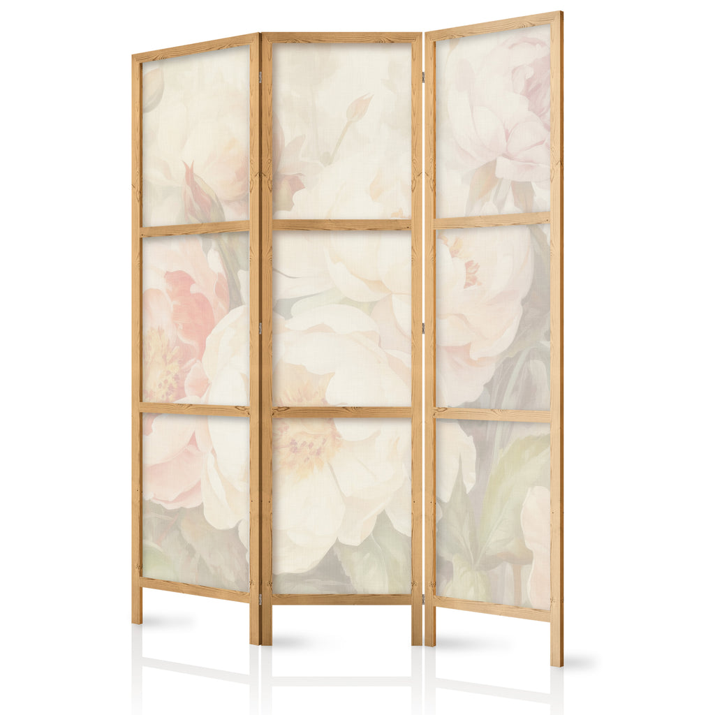 Japanese Room Divider with Blooming Peonies on White Mist