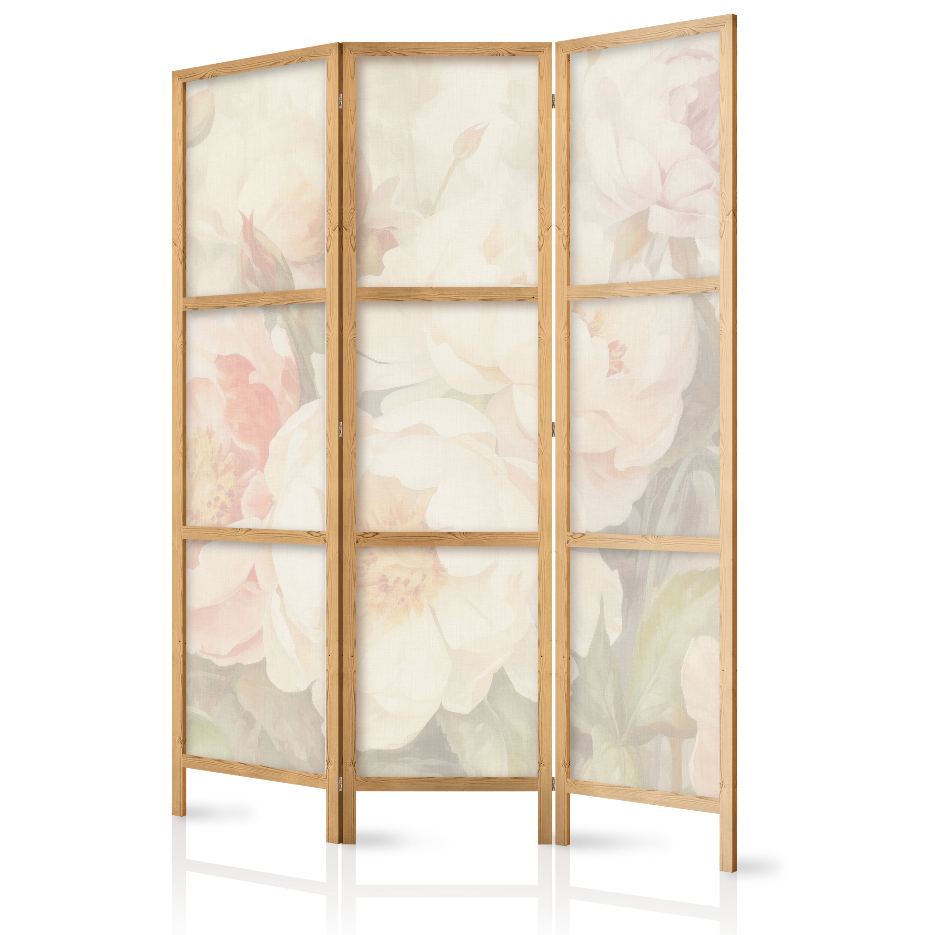 Japanese Room Divider with Blooming Peonies on White Mist