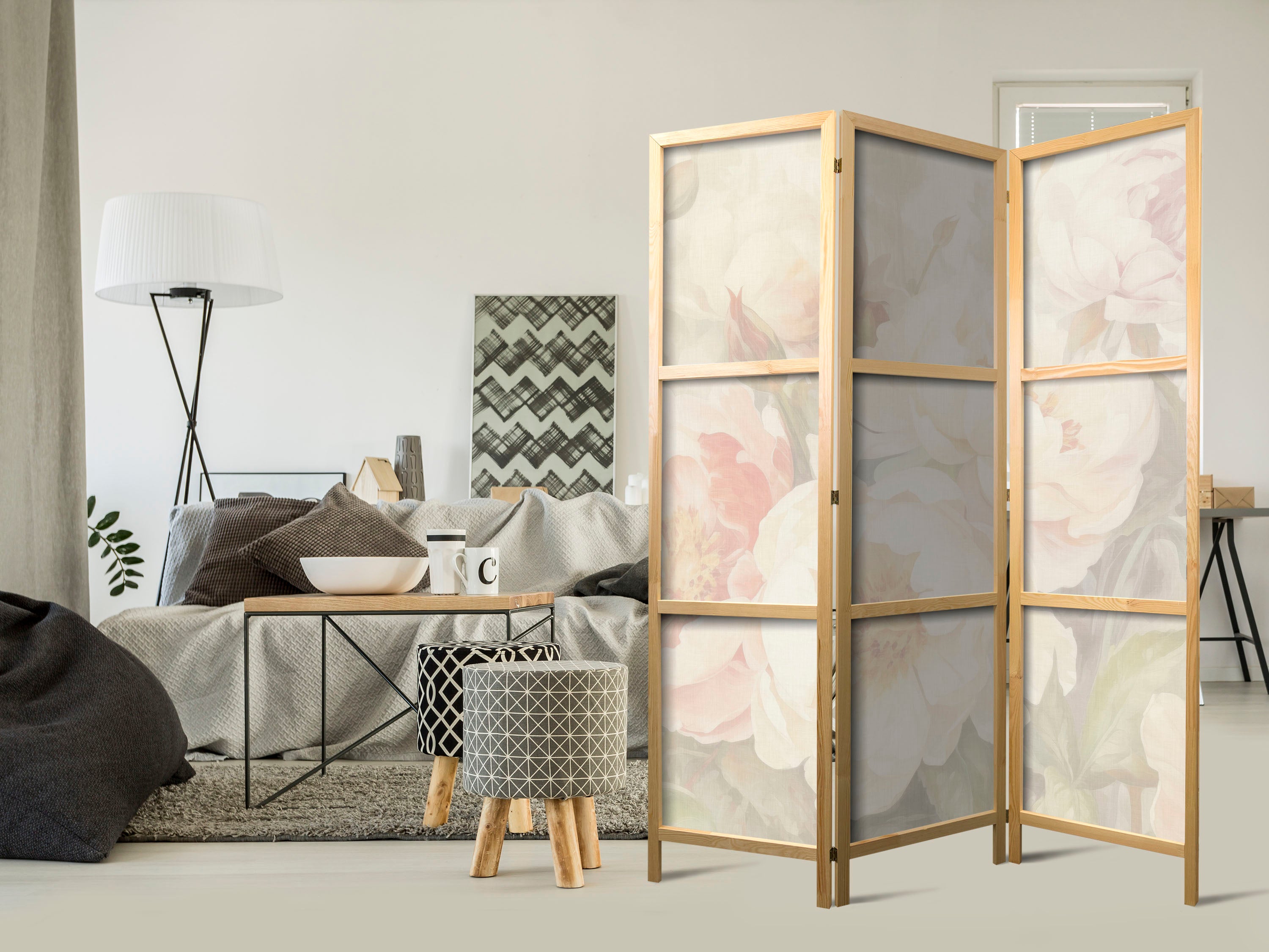 Japanese Room Divider with Blooming Peonies on White Mist