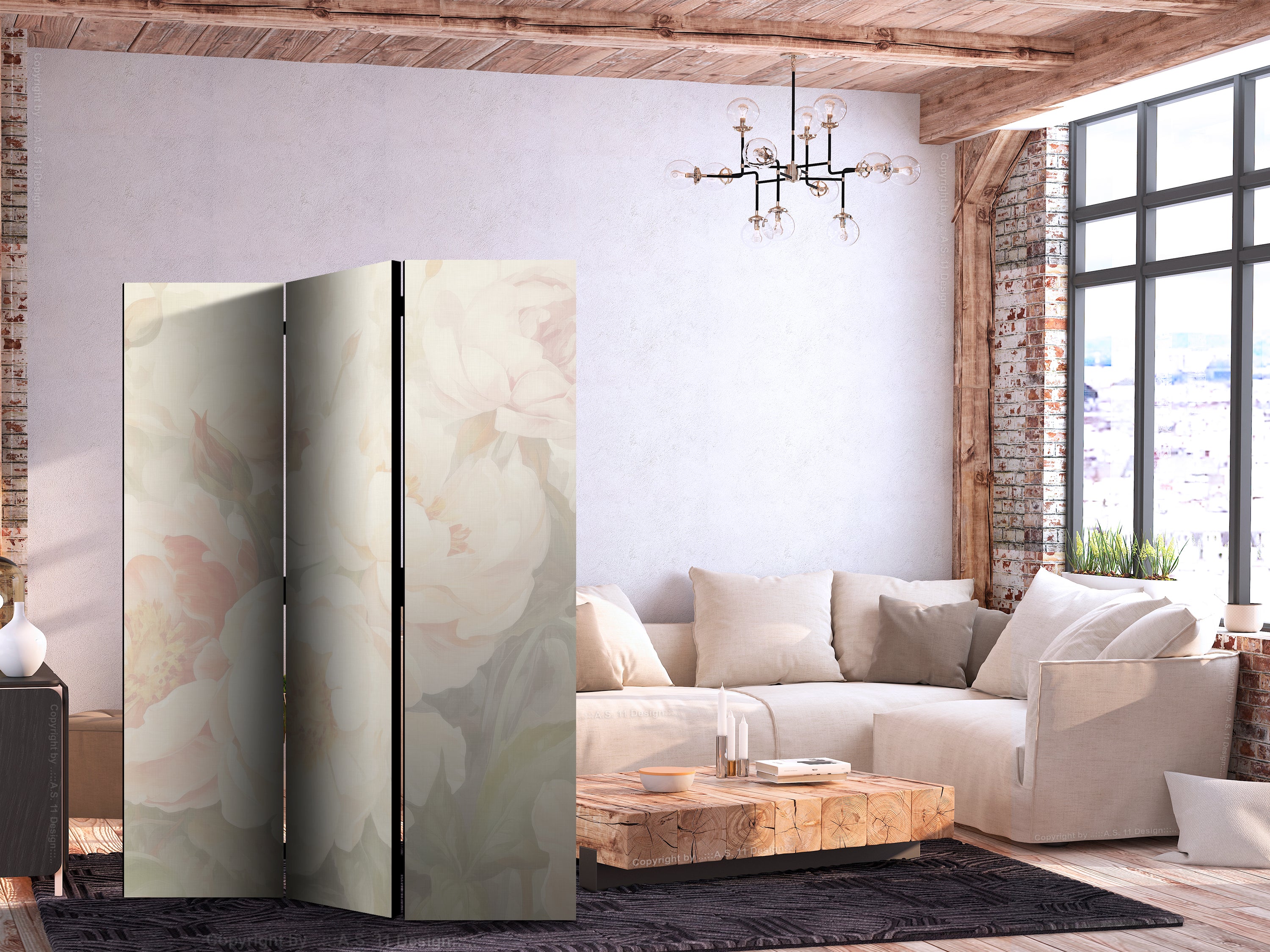 Room Divider with Blooming Peonies - Large Floral Design