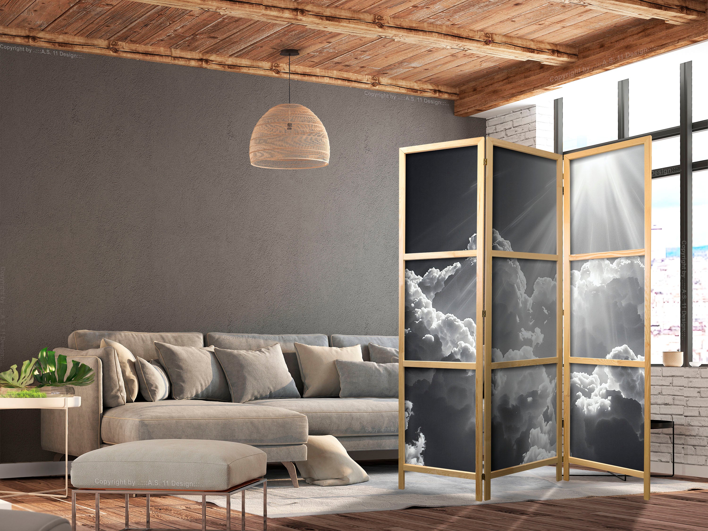 Japanese Room Divider - Hope in the Clouds, Black & White, 135x172