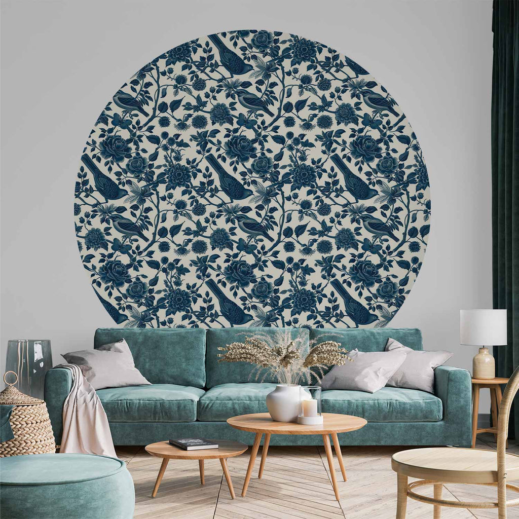 Birds and Roses Monochrome Blue Round Wall Mural
