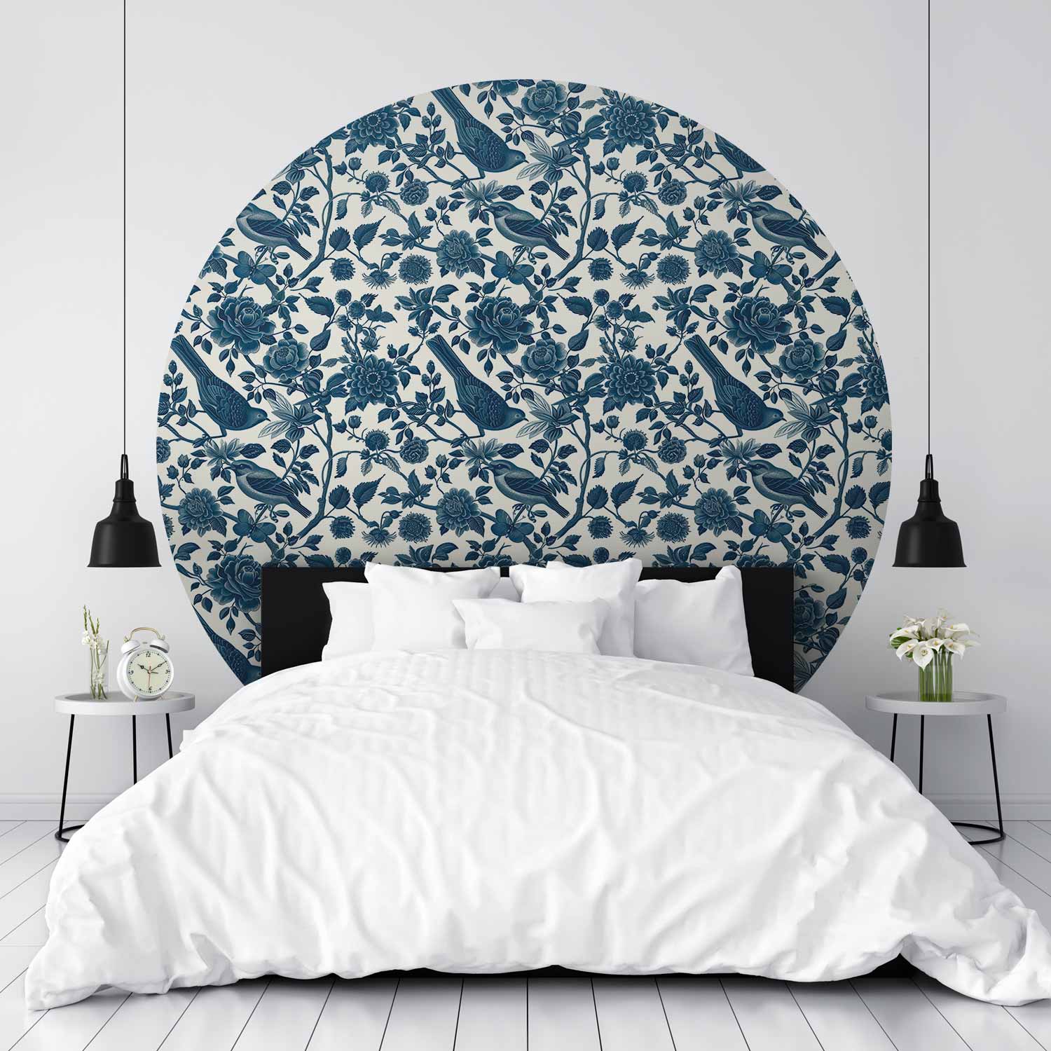 Birds and Roses Monochrome Blue Round Wall Mural