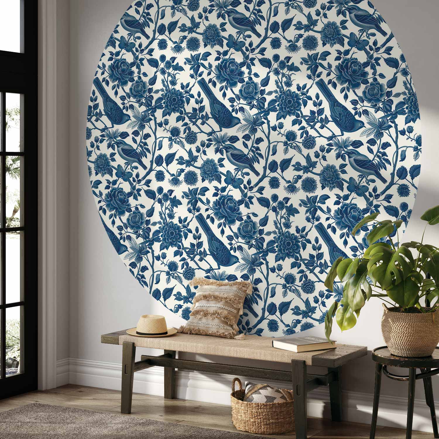 Birds and Roses Monochrome Blue Round Wall Mural