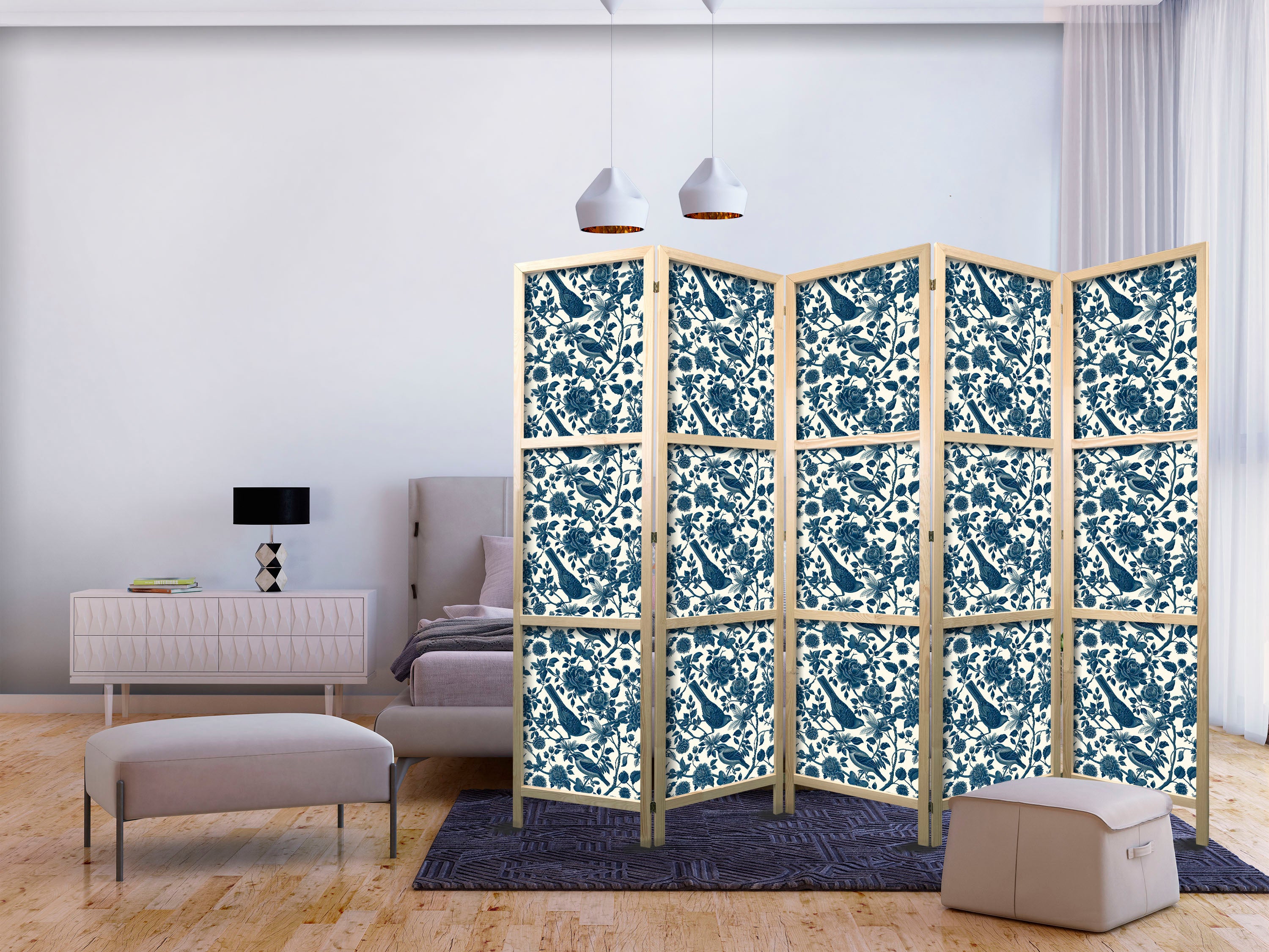 Rose Vines Japanese Room Divider – Monochrome Birds