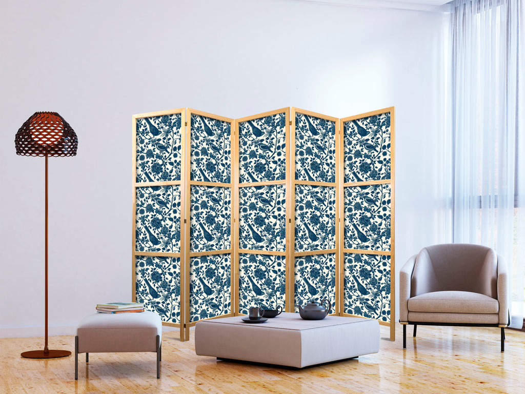 Rose Vines Japanese Room Divider – Monochrome Birds