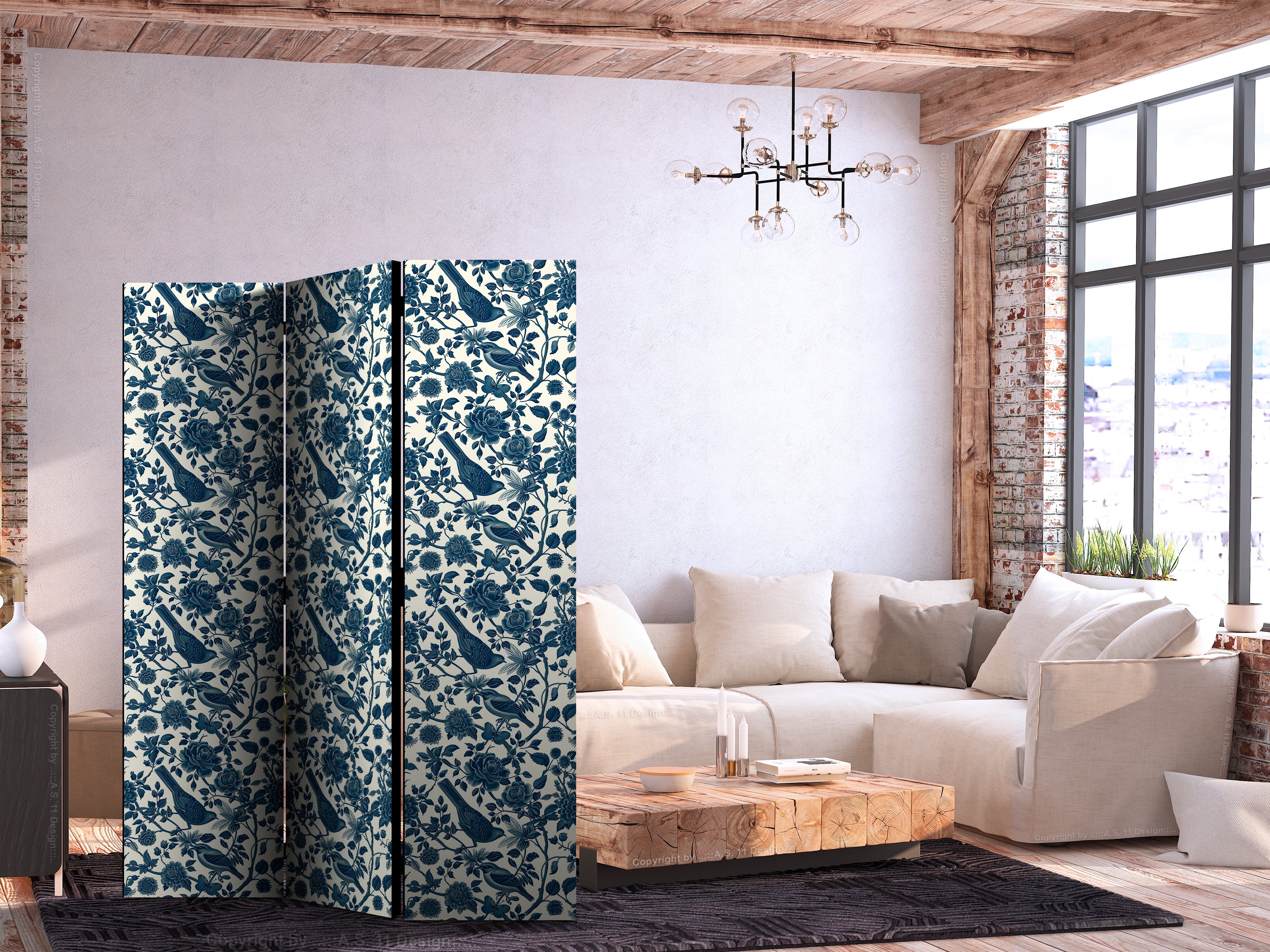 Room Divider with Rose Vines and Blue Birds