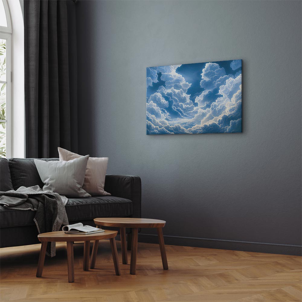 Canvas Print Blue Sky Breaking Through White Fluffy Clouds