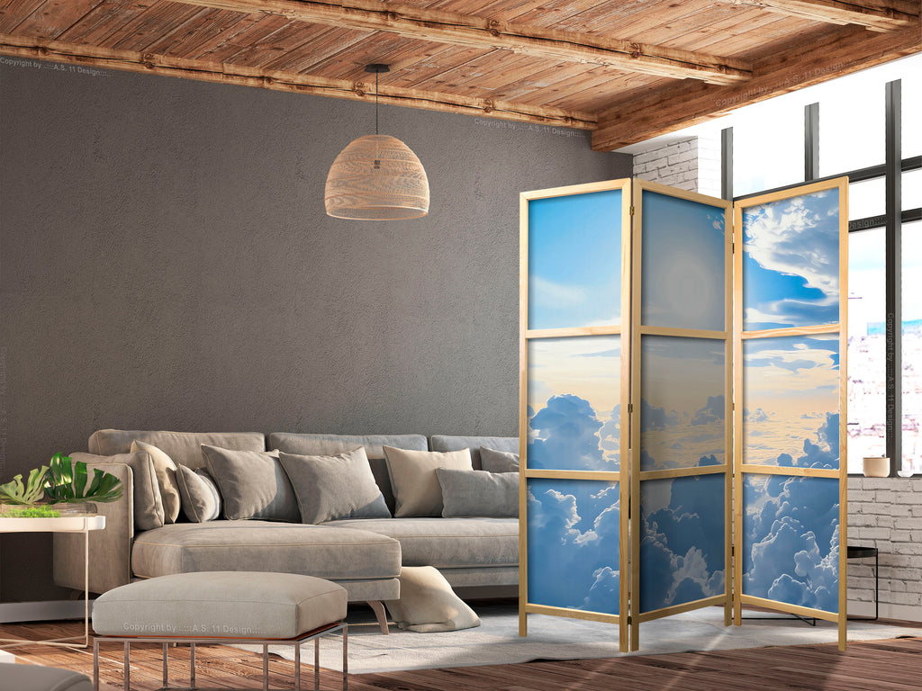 Japanese Room Divider: Symphony of Light with Sun and Clouds