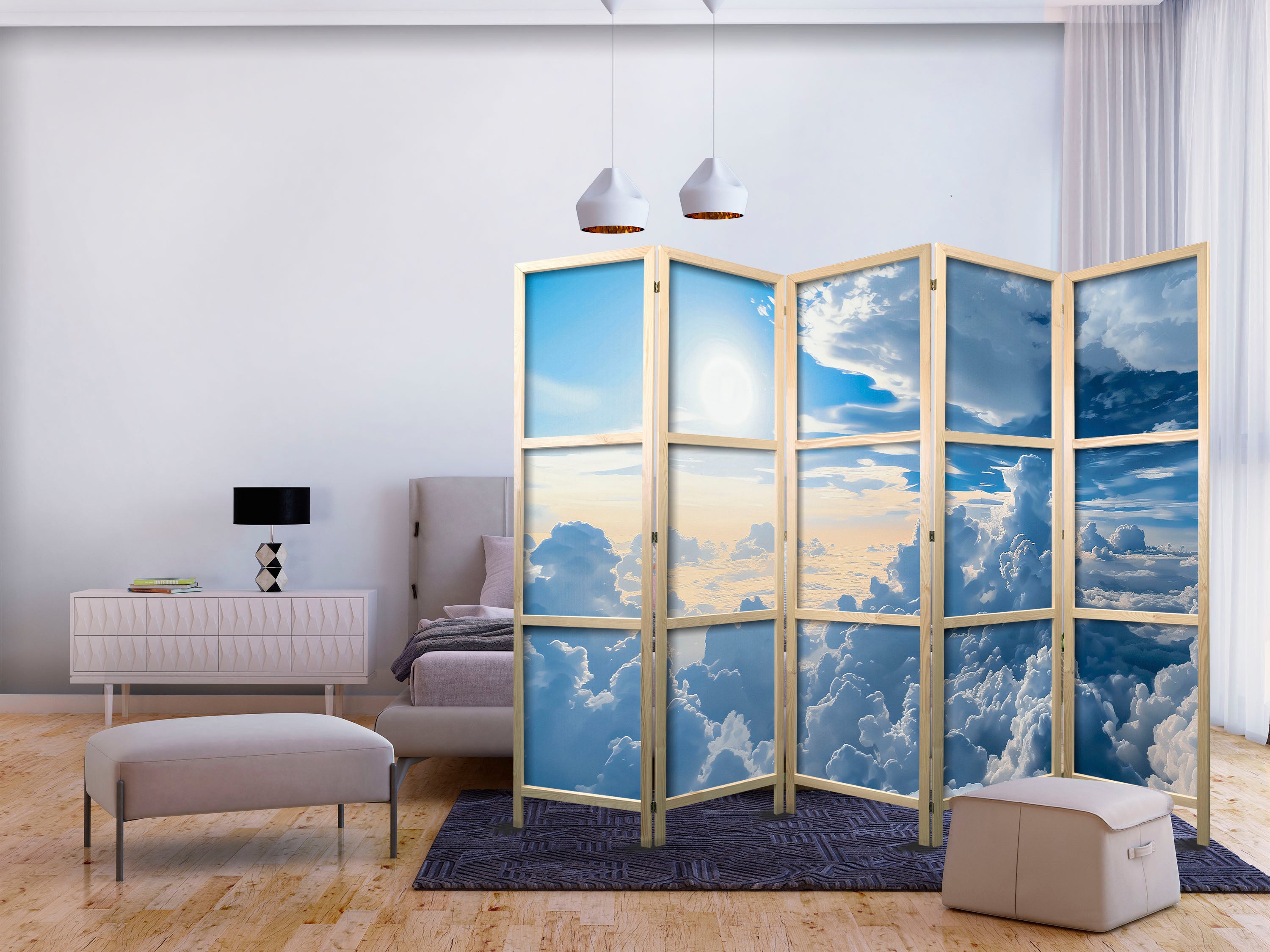 Japanese Room Divider Symphony of Light with Sun and Clouds