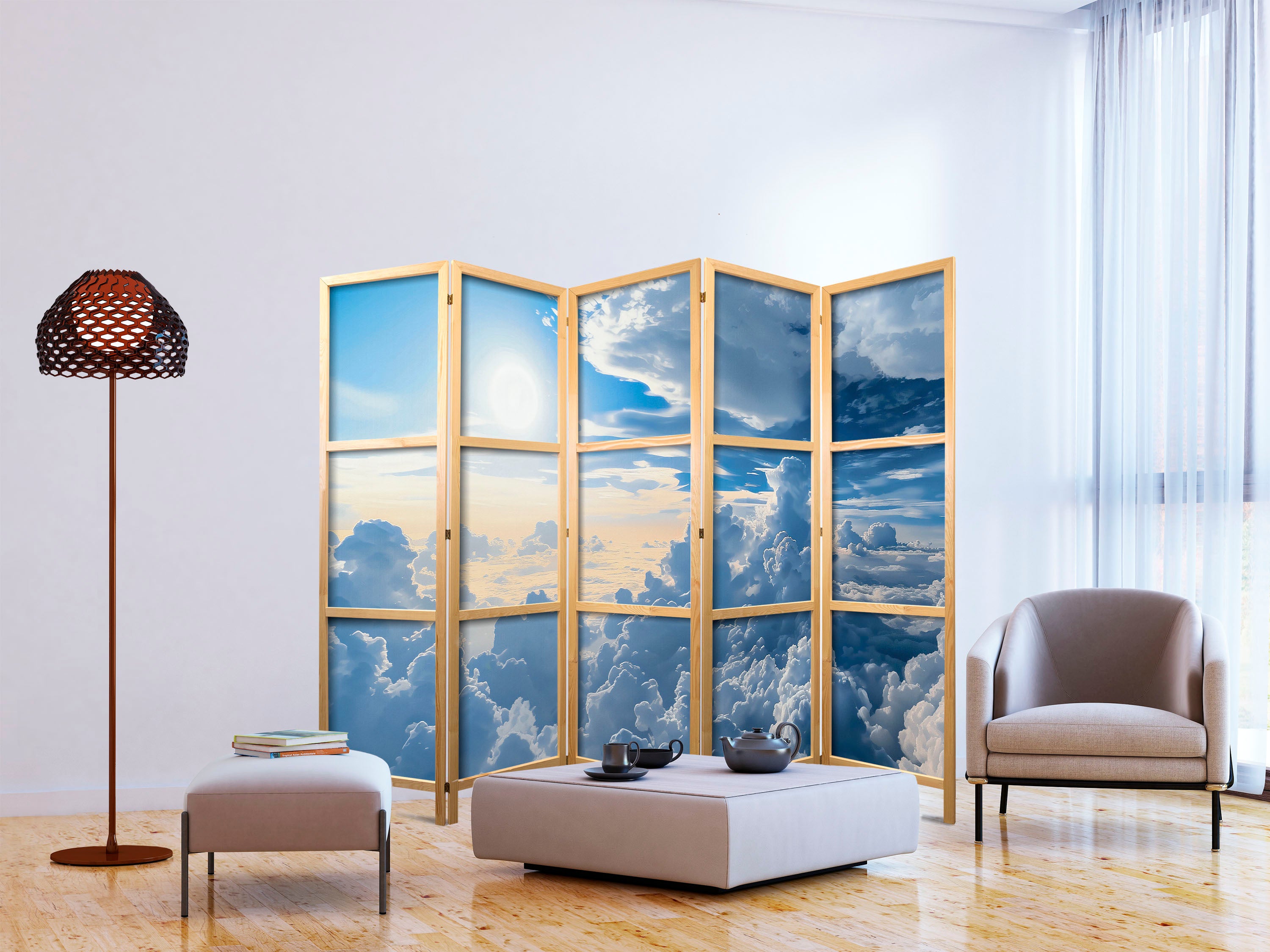 Japanese Room Divider Symphony of Light with Sun and Clouds