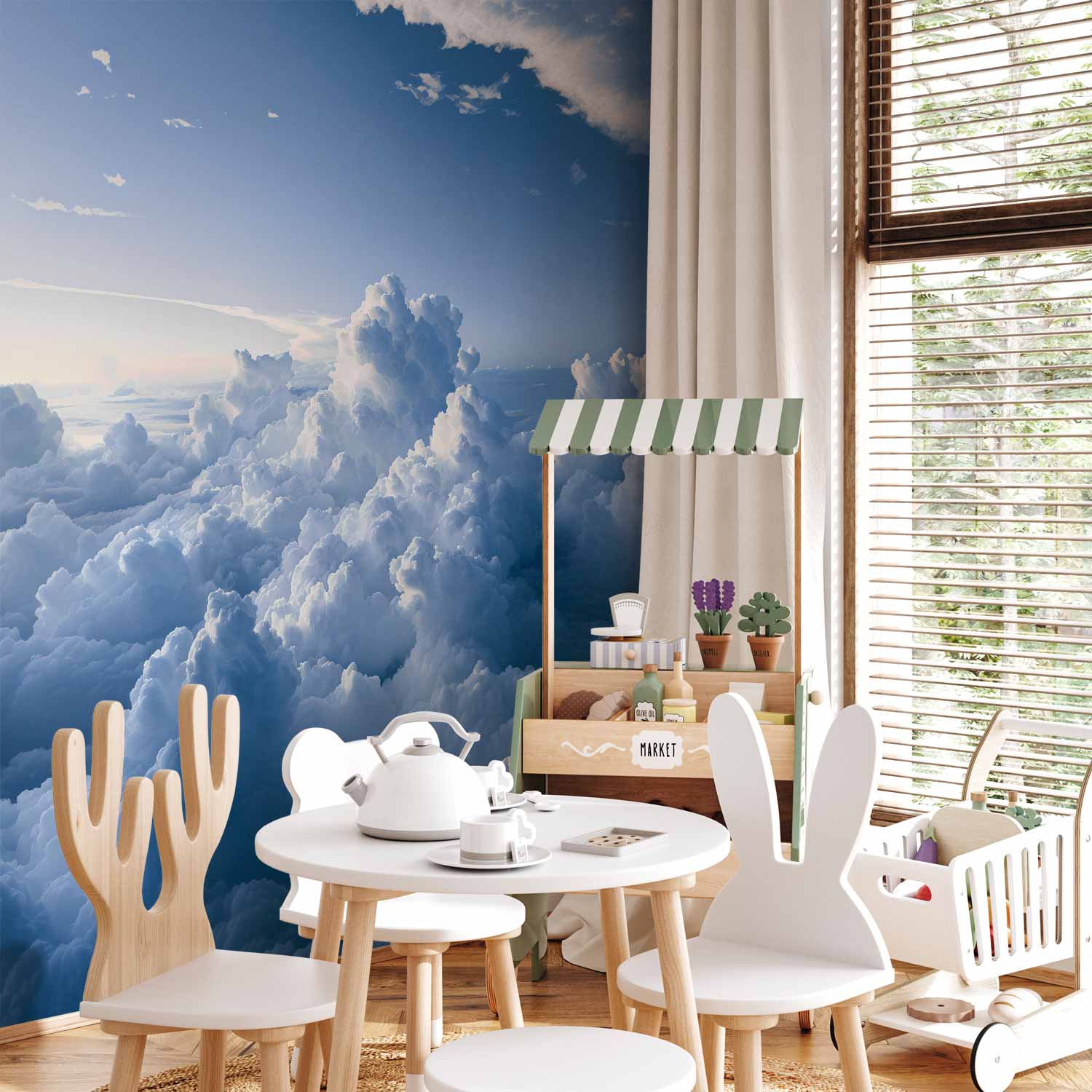 Aerial Sun Rays and Fluffy Clouds Wall Mural