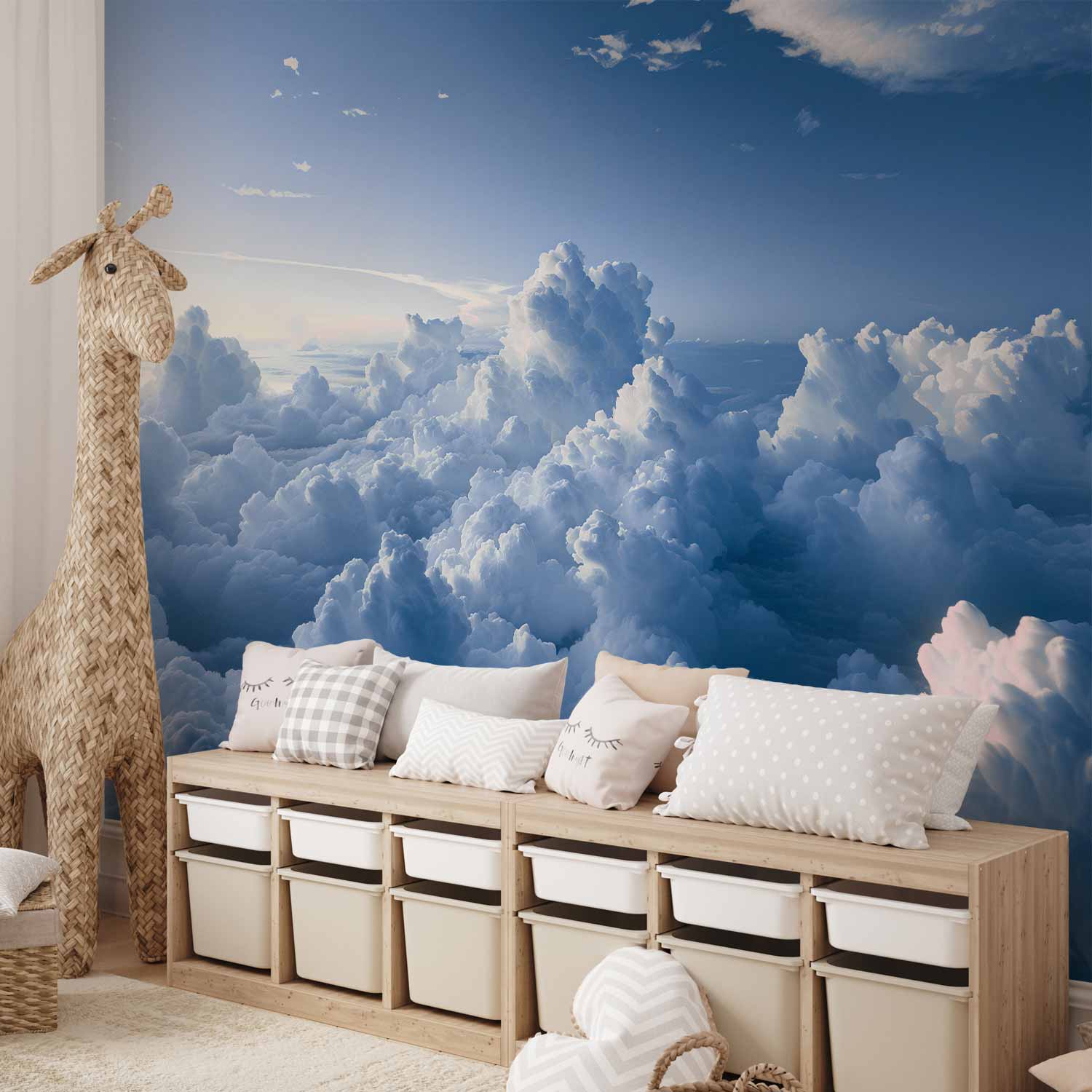 Aerial Sun Rays and Fluffy Clouds Wall Mural