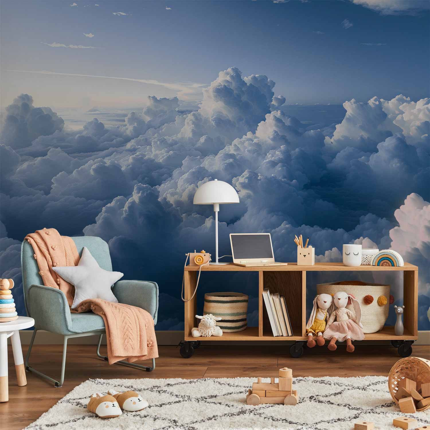 Aerial Sun Rays and Fluffy Clouds Wall Mural
