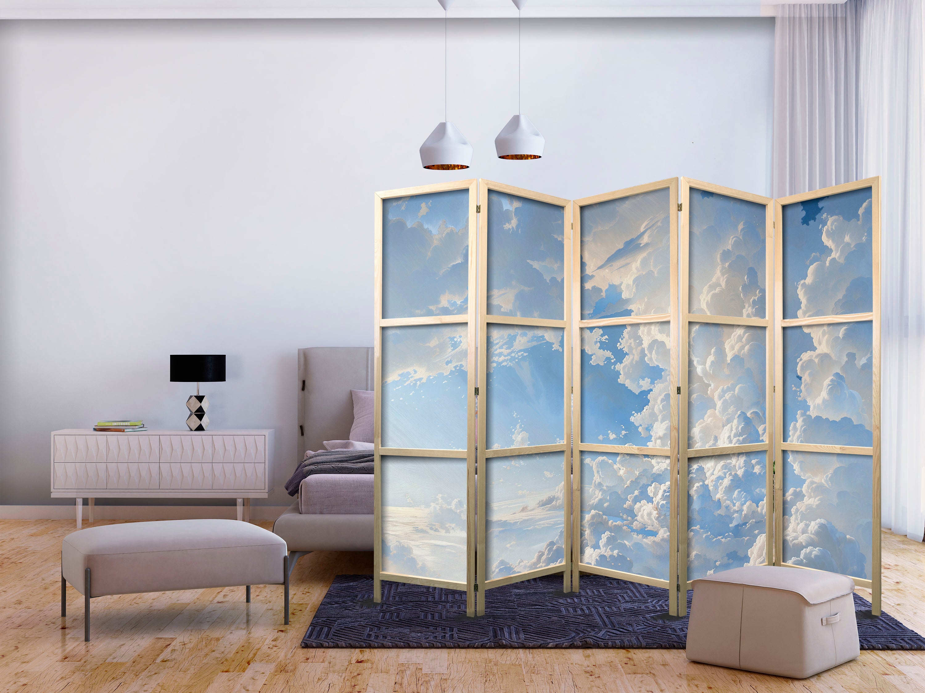 Japanese Room Divider 5-Panel - Sky and Clouds Imagery