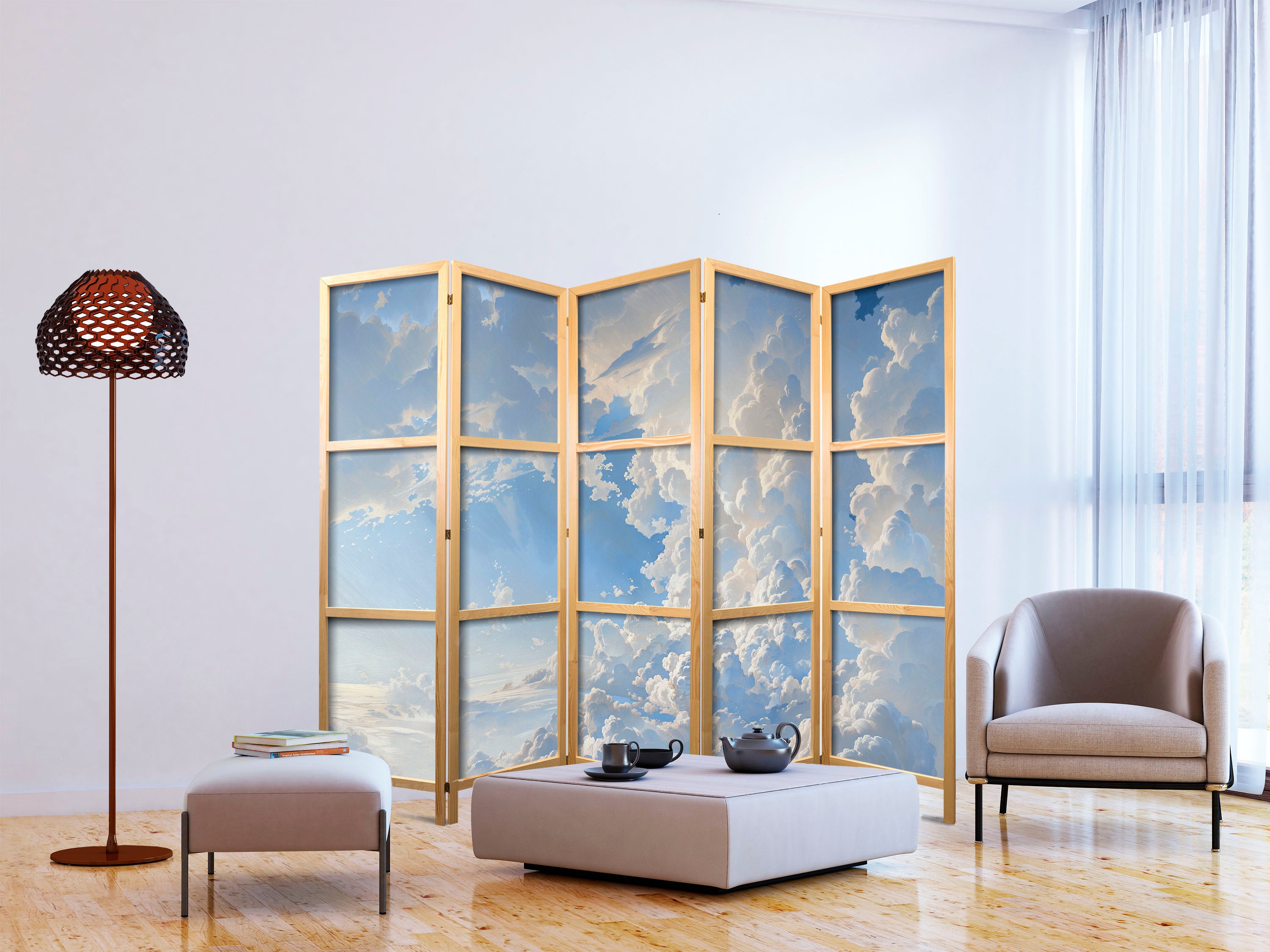 Japanese Room Divider 5-Panel - Sky and Clouds Imagery