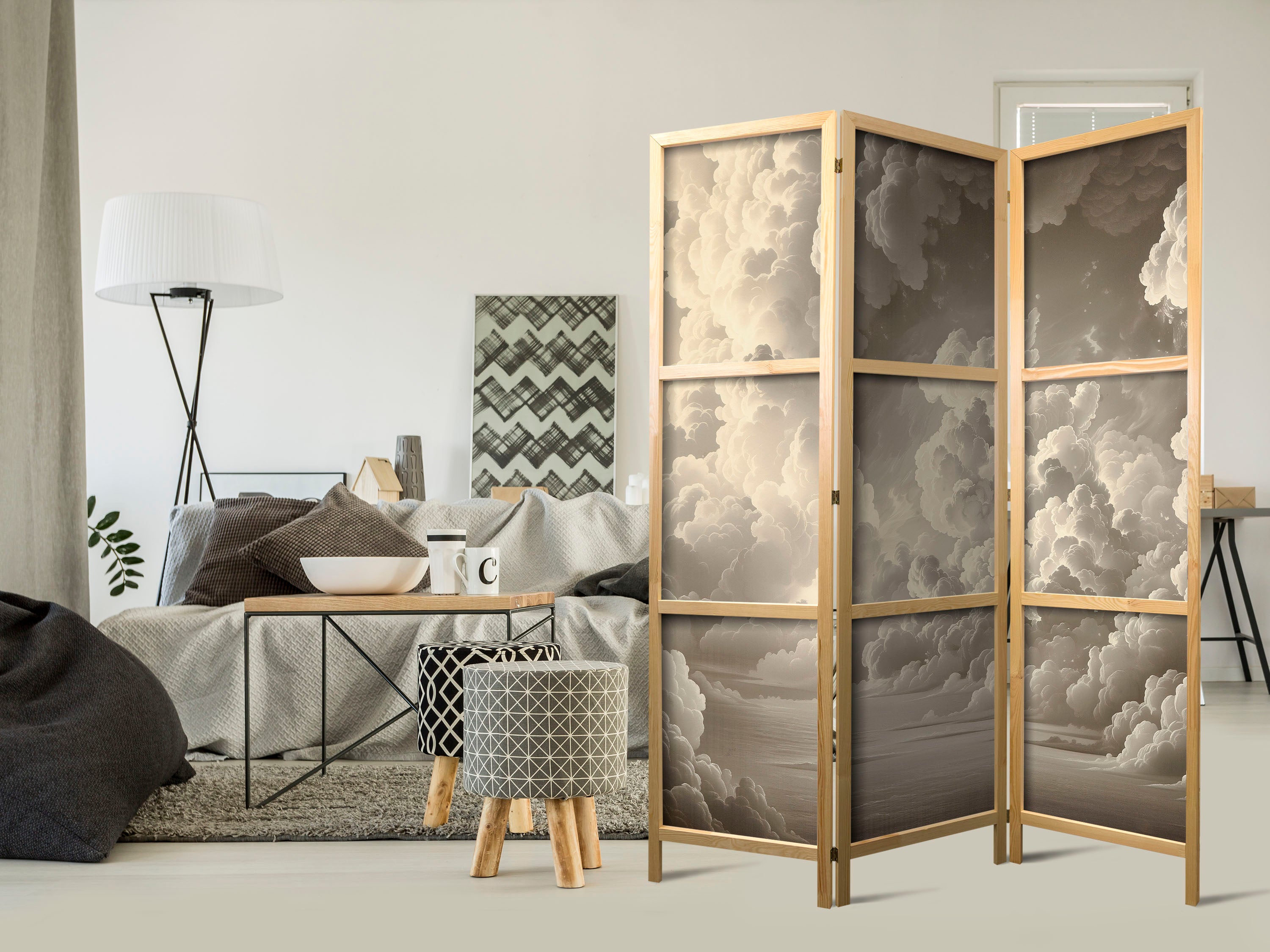 Japanese Room Divider 3-panel: Whisper of Illuminated Clouds