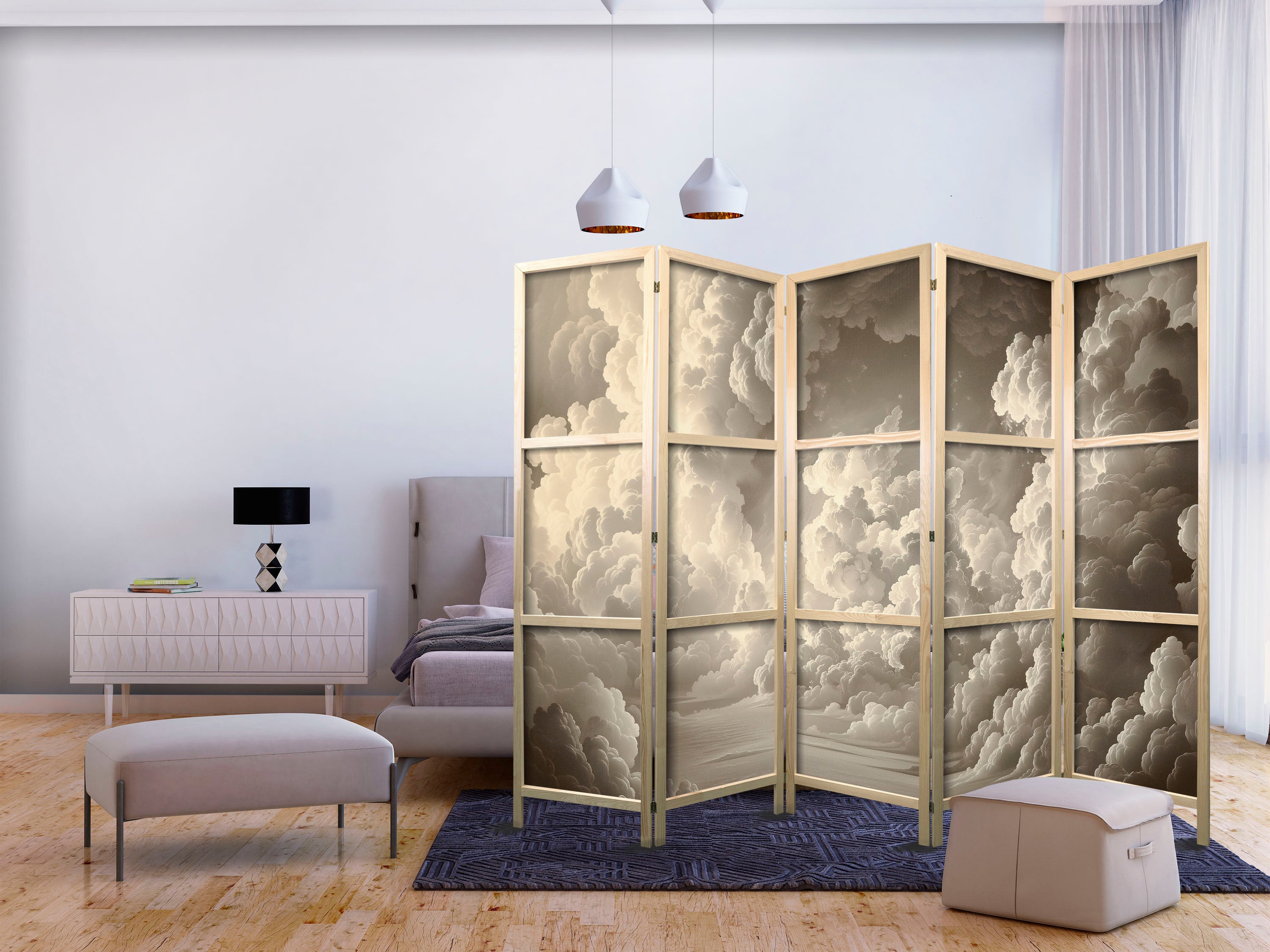 Japanese Room Divider – Whisper of Illuminated Clouds (5-Panel)