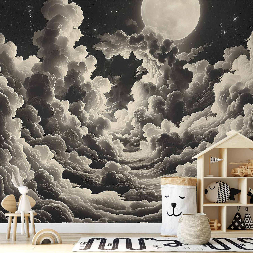 Wandbild Mond und Sterne in großen Wolken