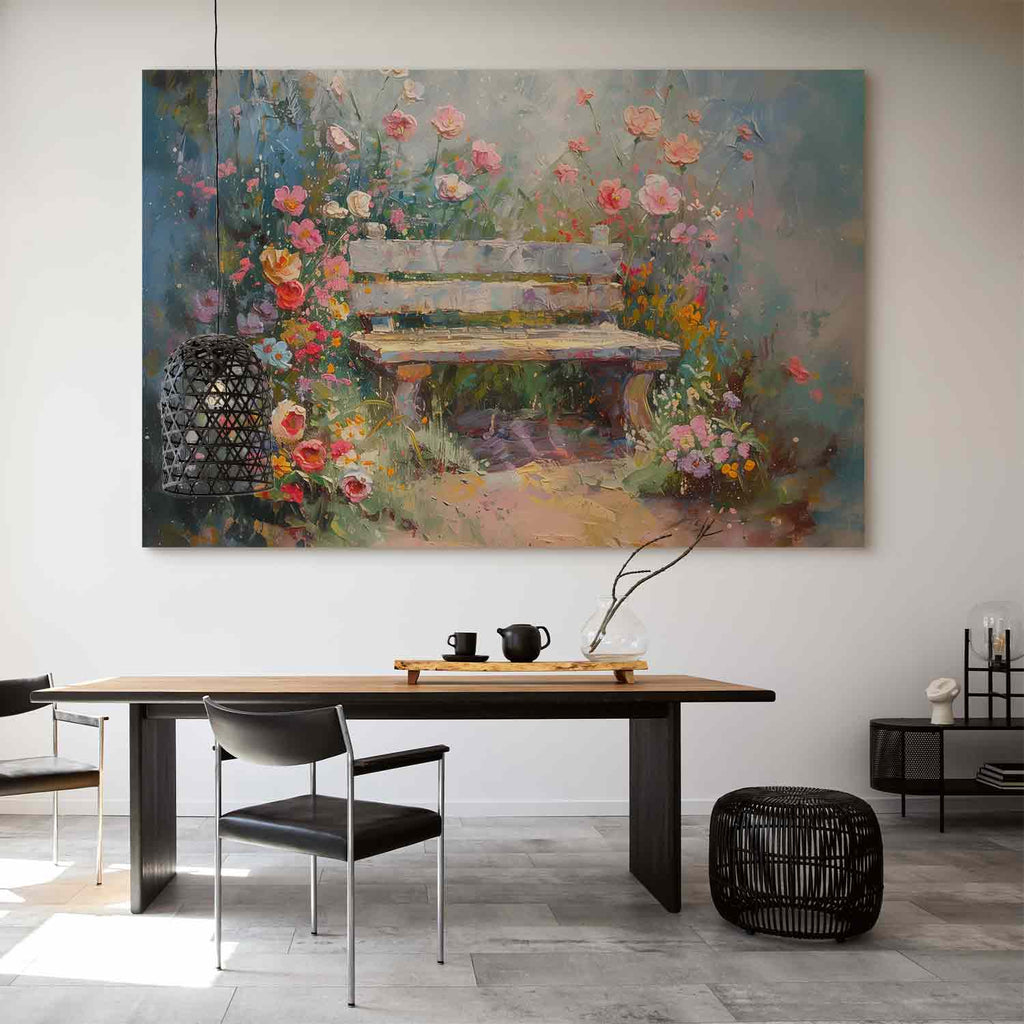 Flowery Bench Impressionist DIY Large Canvas Print