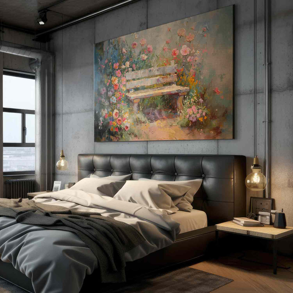 Flowery Bench Impressionist DIY Large Canvas Print